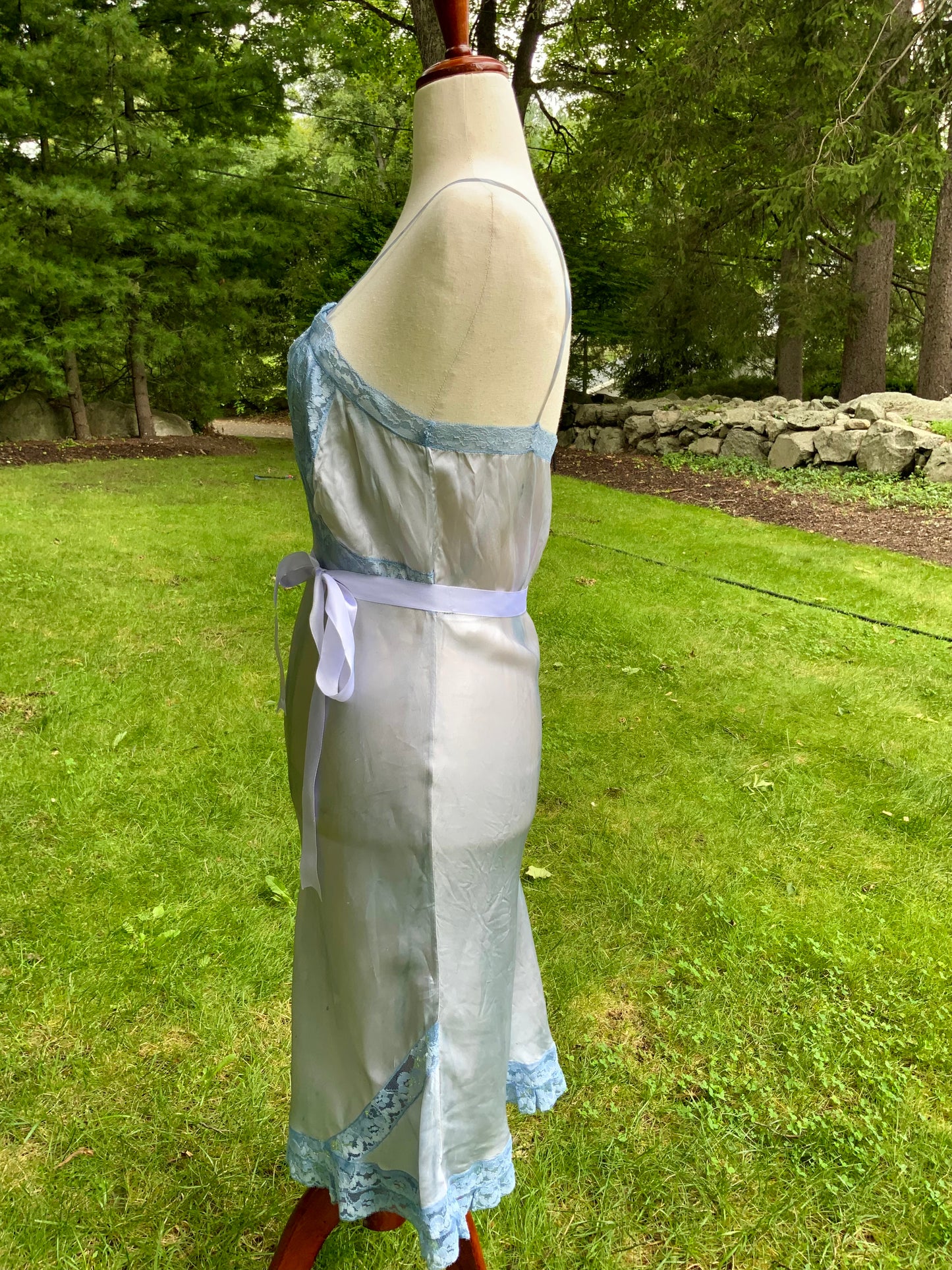 1930s Hand-Dyed Ice Blue Satin and Lace Bias-Cut Full Slip.50BA