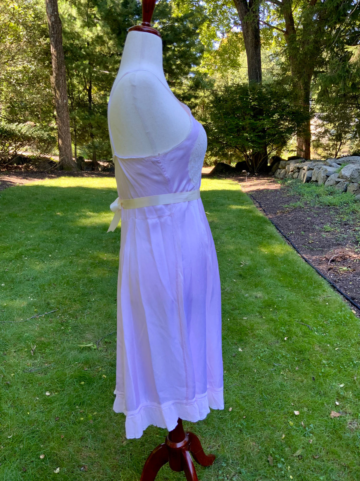 1930s Pink Satin Slip Dress with Lace and Chiffon Ruffle.30CJ