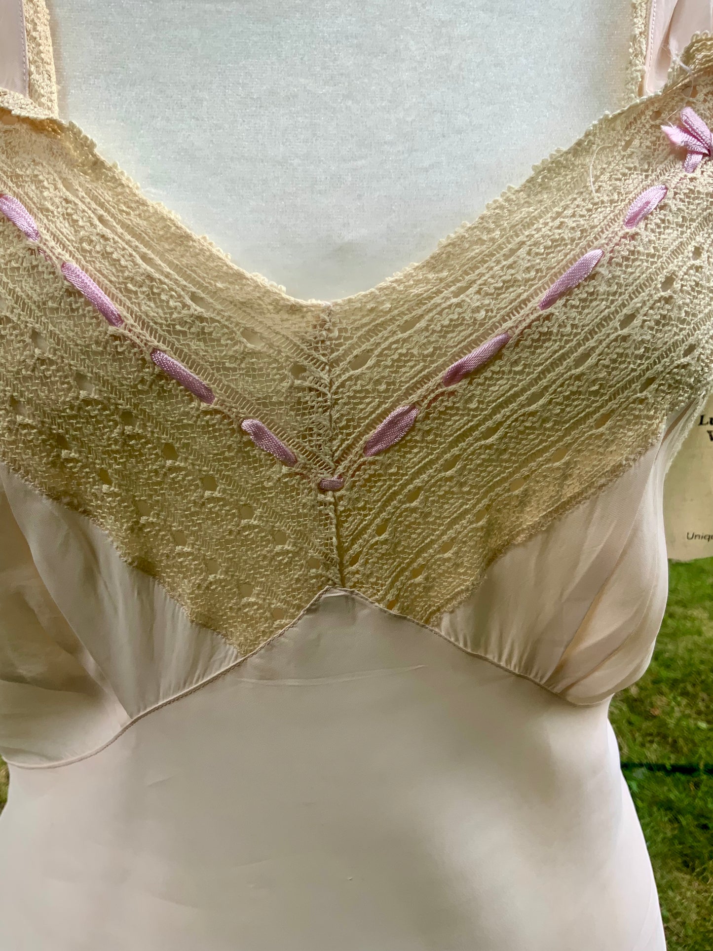 1930s Pale Peach Bias Cut Nightgown. Lace and Ribbonwork Boudoir Gown. Cap Sleeve Satin Lingerie.30CS