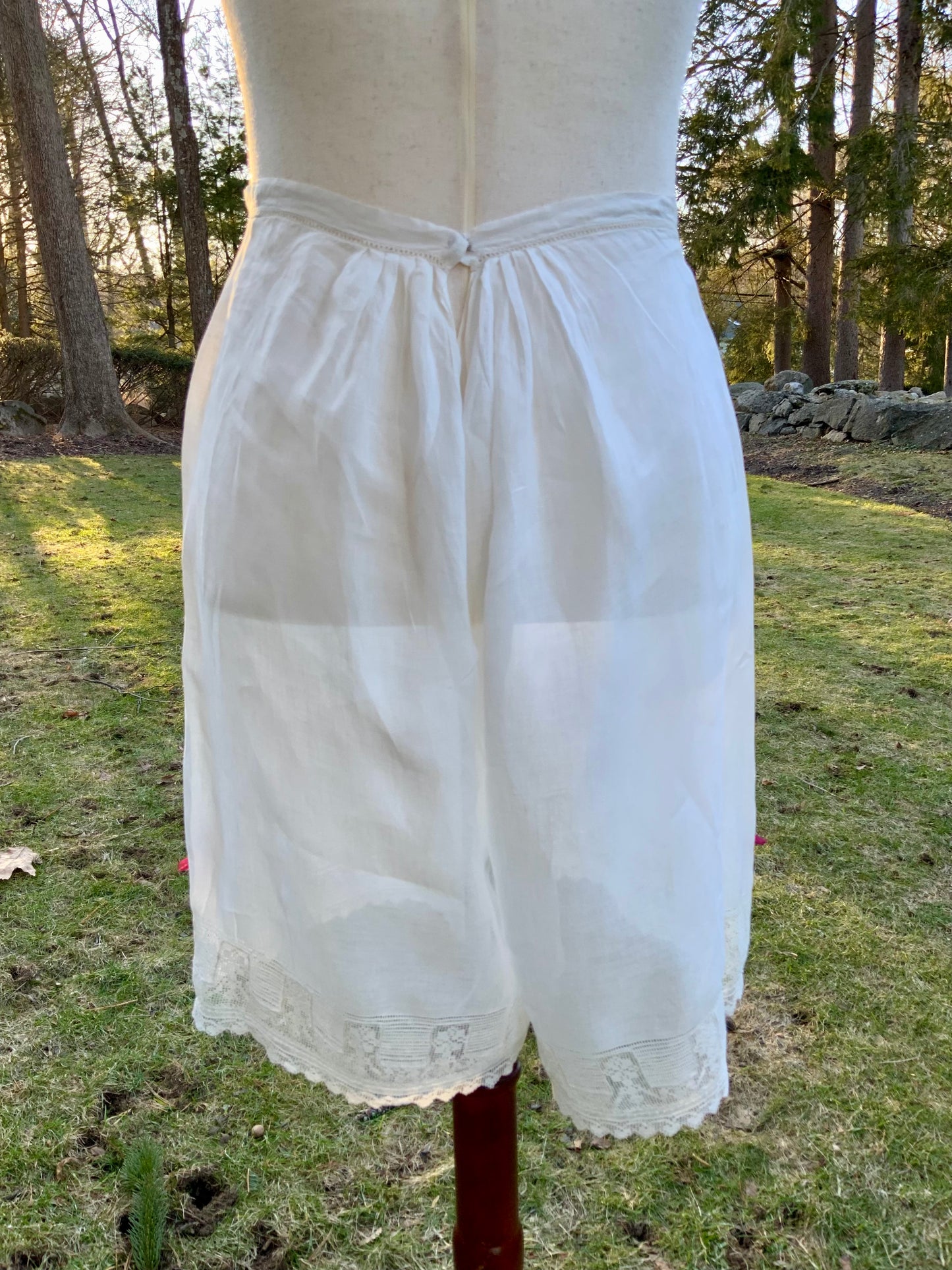 Antique Edwardian Cotton Bloomers c.1905–1915 | Filet Lace Ribbon Hem | Hand Monogram “AB” | Split Drawers Lingerie-ED69