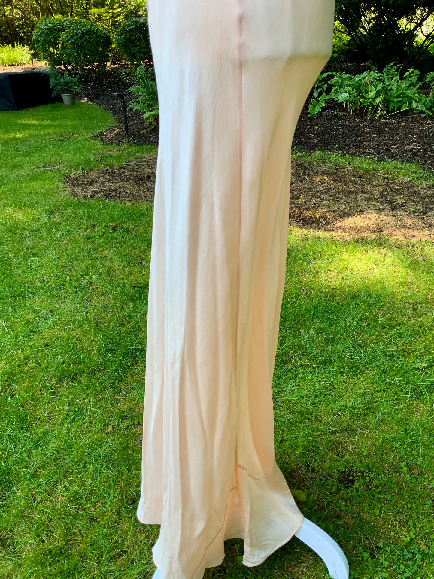 Rare Late 1930s Peach Silk Evening Gown. Pleated Bodice. Bias Cut. Restored Floral Details.30CY