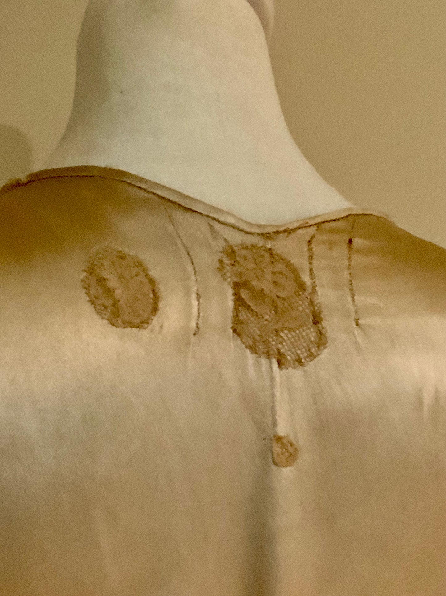 Rare 1930s Tea-Dyed Silk Hostess Gown with Original Floral Appliqué Details