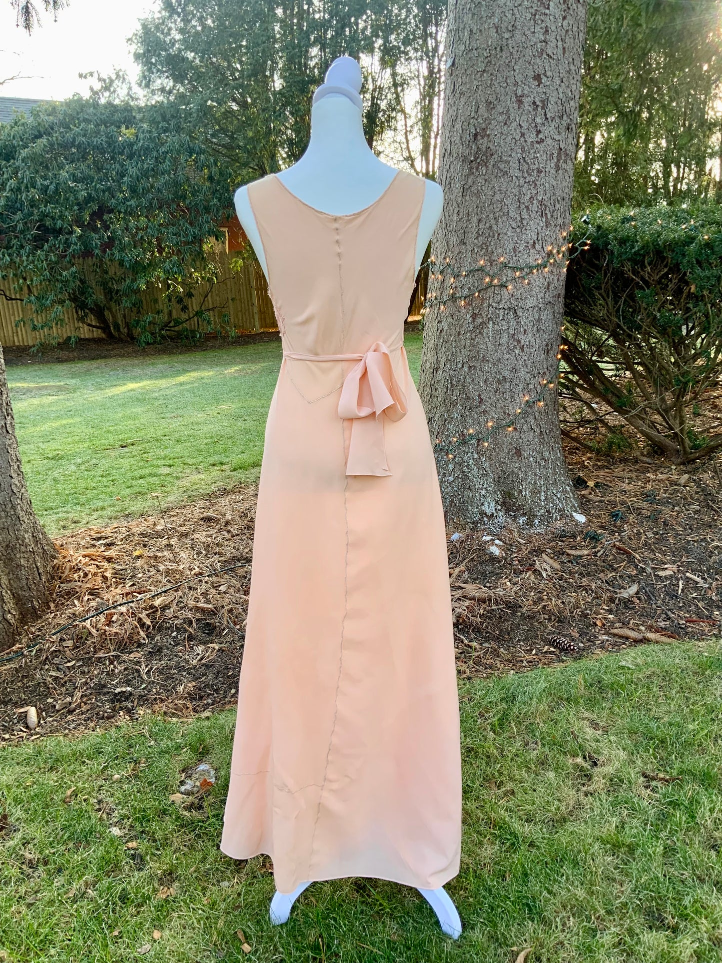 1930s Peach Rayon Nightgown with Art Deco Embroidery & Restored Lace Appliqués – Bias Cut Vintage Lingerie - 30AZ