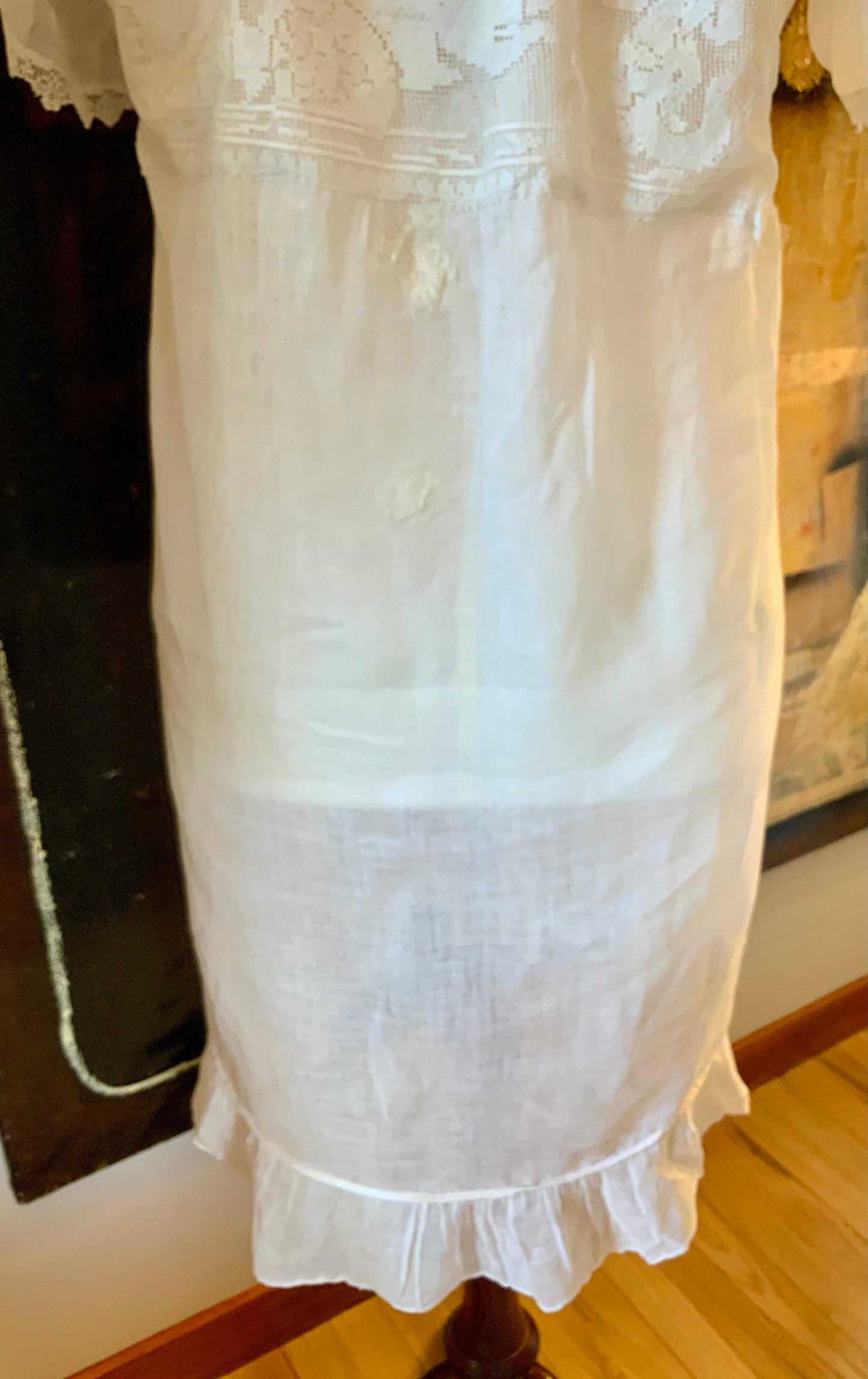 Antique Edwardian Cotton Nightgown “Carmela” Hand Repaired with Filet Lace Appliqués – Restored Heirloom Piece-ED81