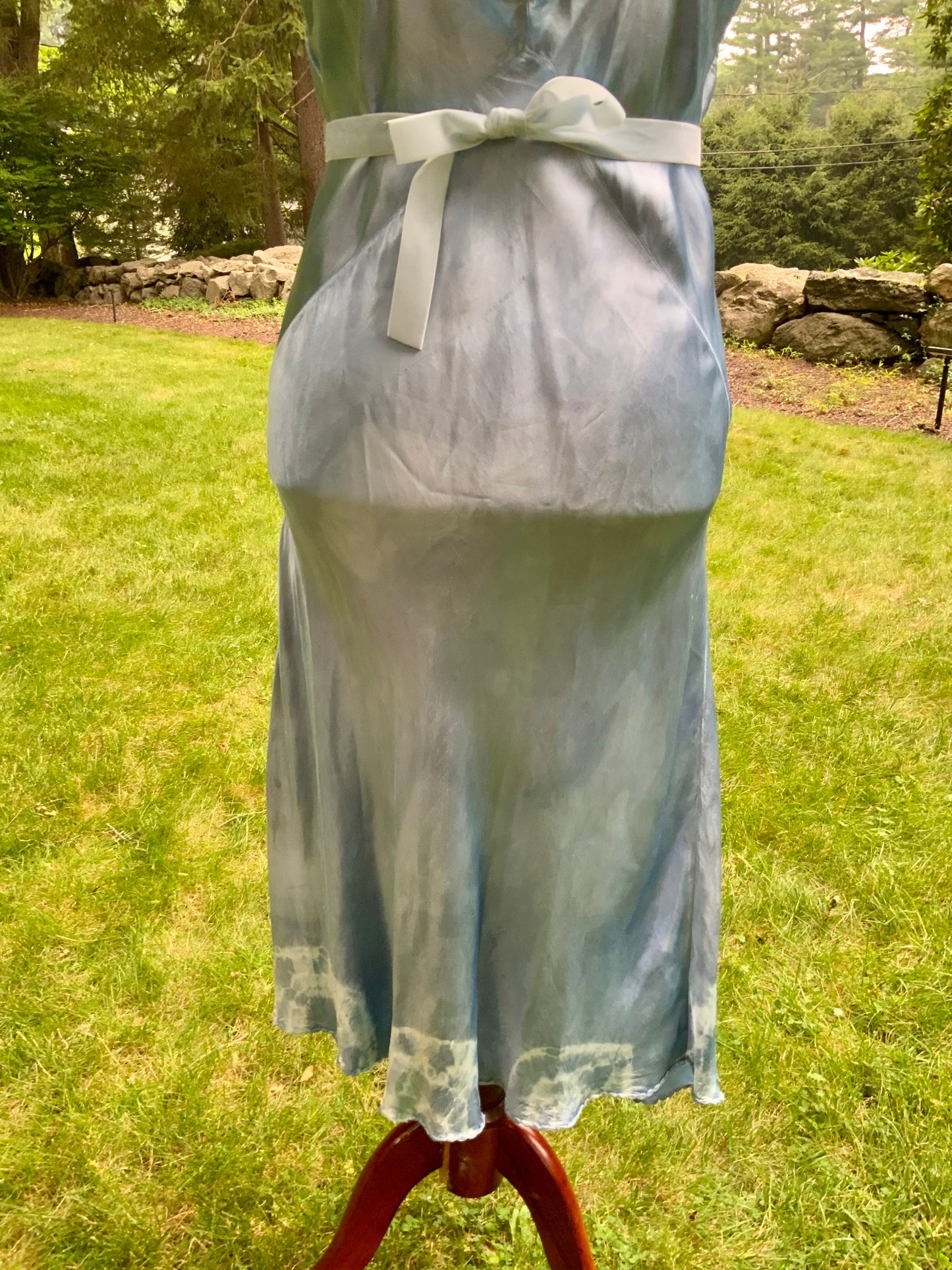 1930s early 40s Hand Dyed Blue Satin Slip Dress | Embroidered Sheer Bodice | Bias Cut Vintage Inspired Lingerie Dress | One of a Kind-40BH