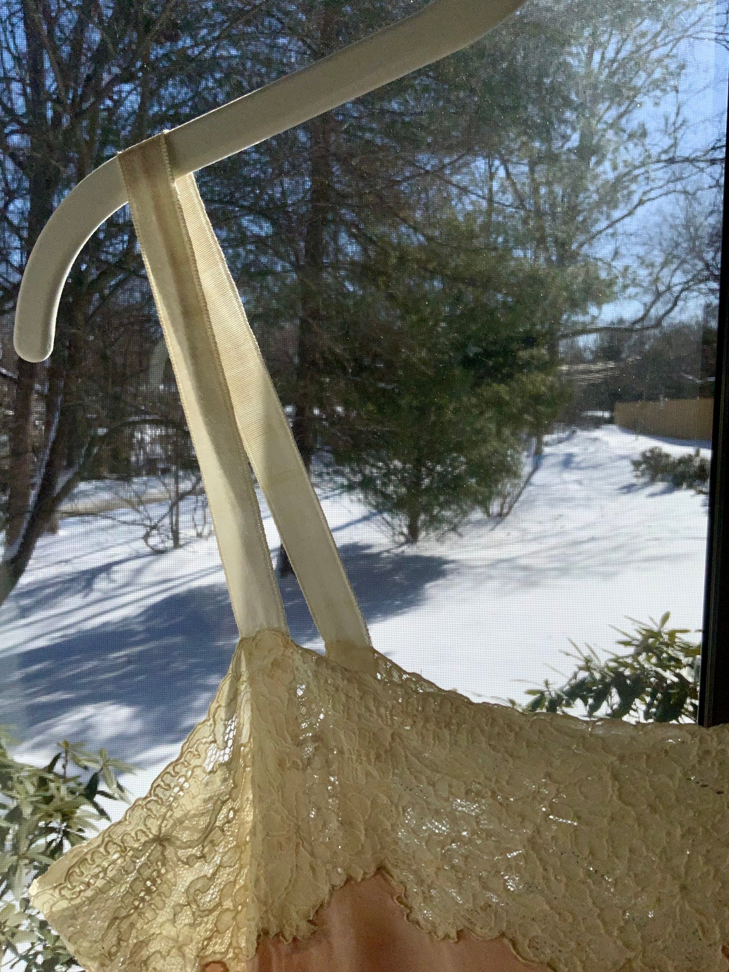 1940s Peach Silk Slip Dress with Antique Lace Appliqué — Pure Silk Boudoir Nightgown-40AU