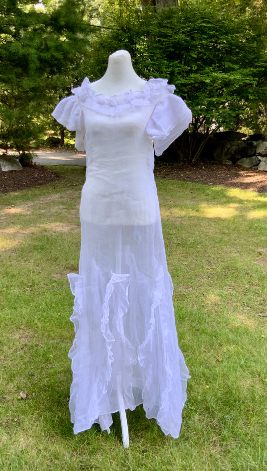 Rare 1930s White Organza Evening Gown.Ethereal Ruffle Hem Formal Dress. Romantic Bridal Gown-30DO