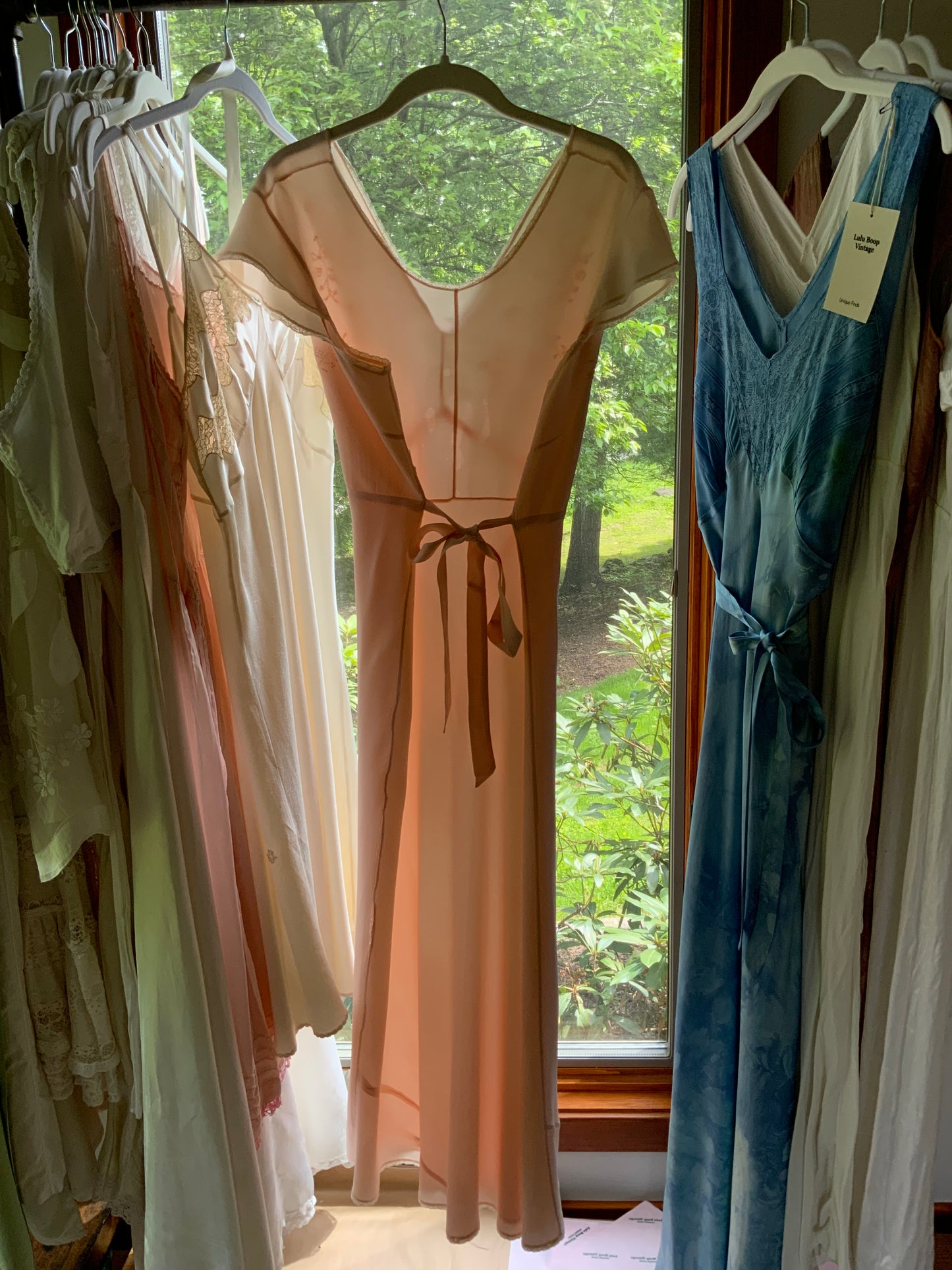1930s Peach Embroidered Nightgown. Bias Cut Gown with Flutter Sleeves and Sash. Old Hollywood Lingerie.30CO.