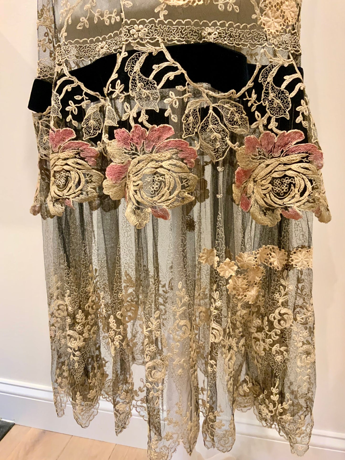 Rare 1920s French Lace Dress. Black Net & Pink Floral Embroidery. Restored Antique Flapper Dress.20AT.