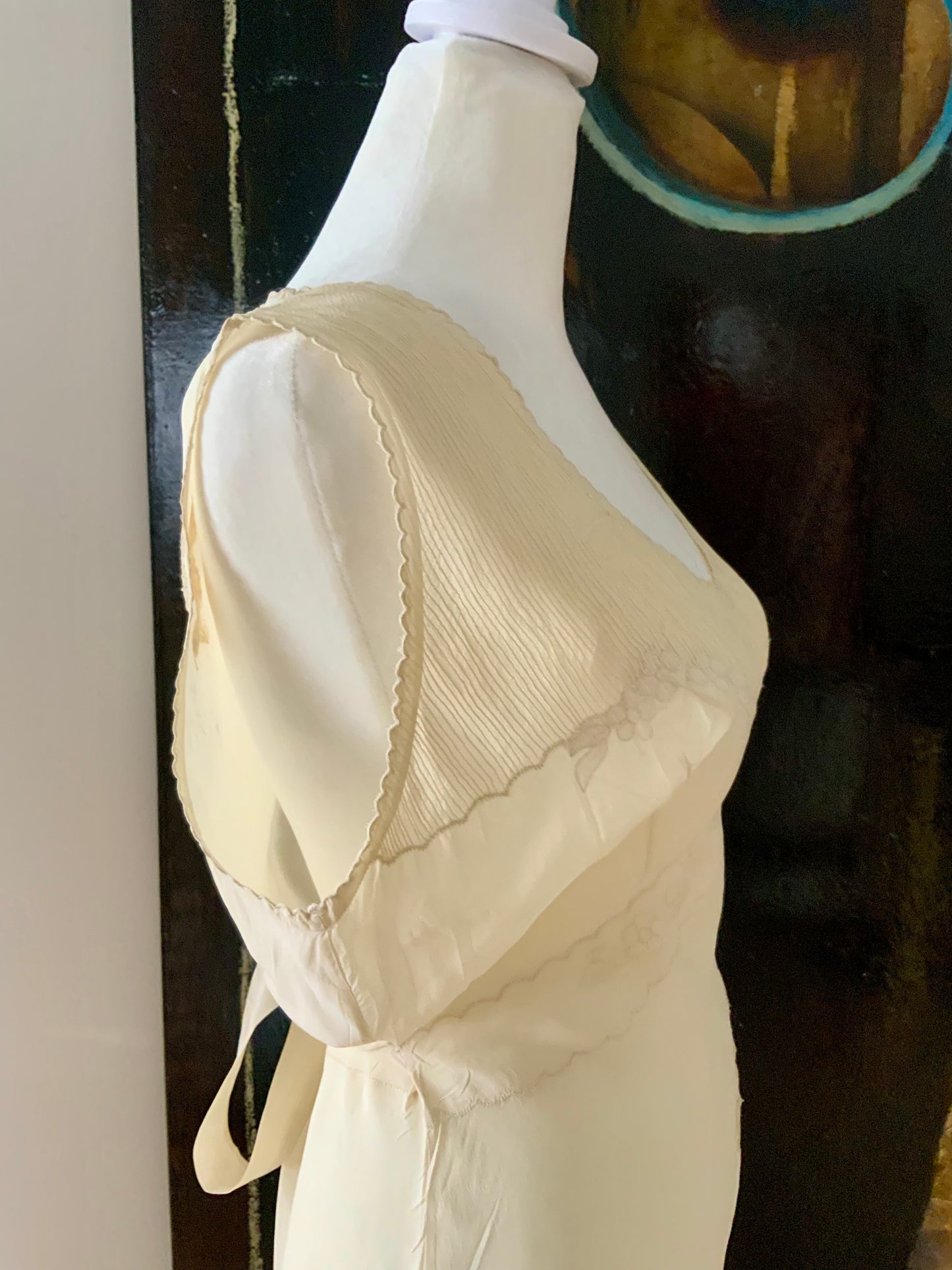 Antique 1930s–40s Pure Silk Nightgown — Ivory Bias Cut Slip Dress with Pintucks & Embroidery-40AT