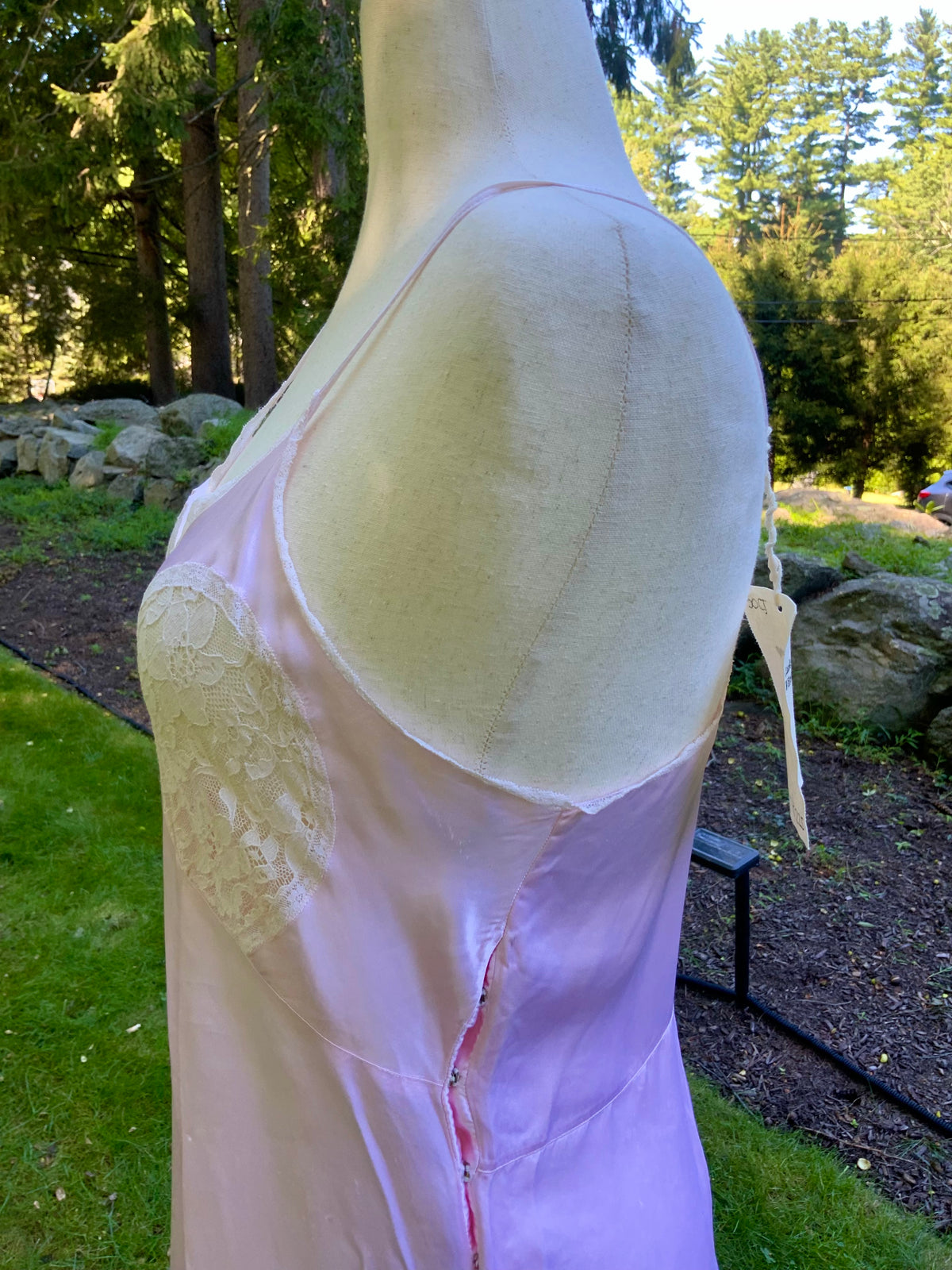 1930s Pink Satin Slip Dress with Lace and Chiffon Ruffle.30CJ