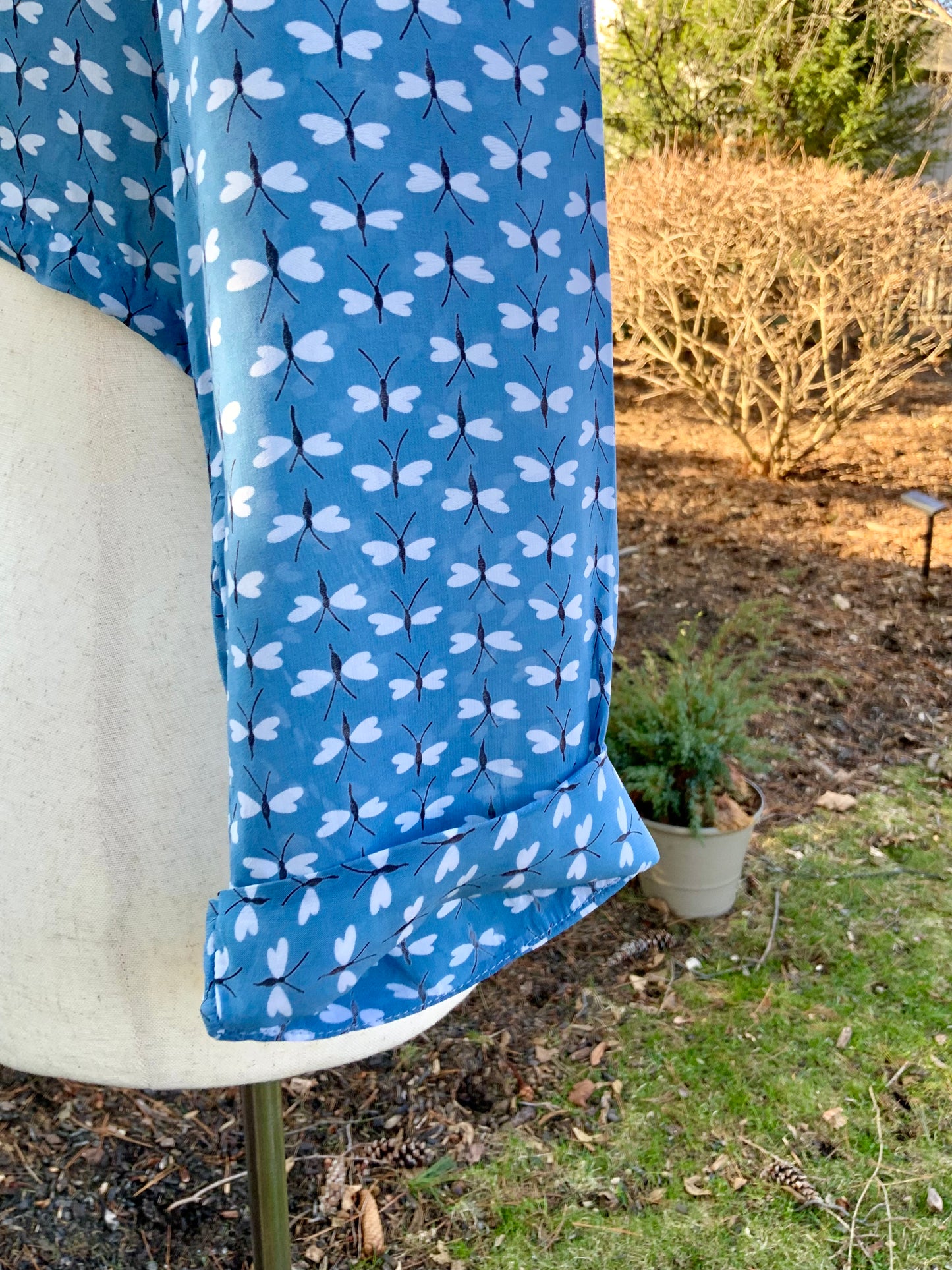 Vintage 1940s Dragonfly Print Rayon Cropped Jacket – Novelty Print Blue Lounge Bolero – Mid Century Resort Wear-40R