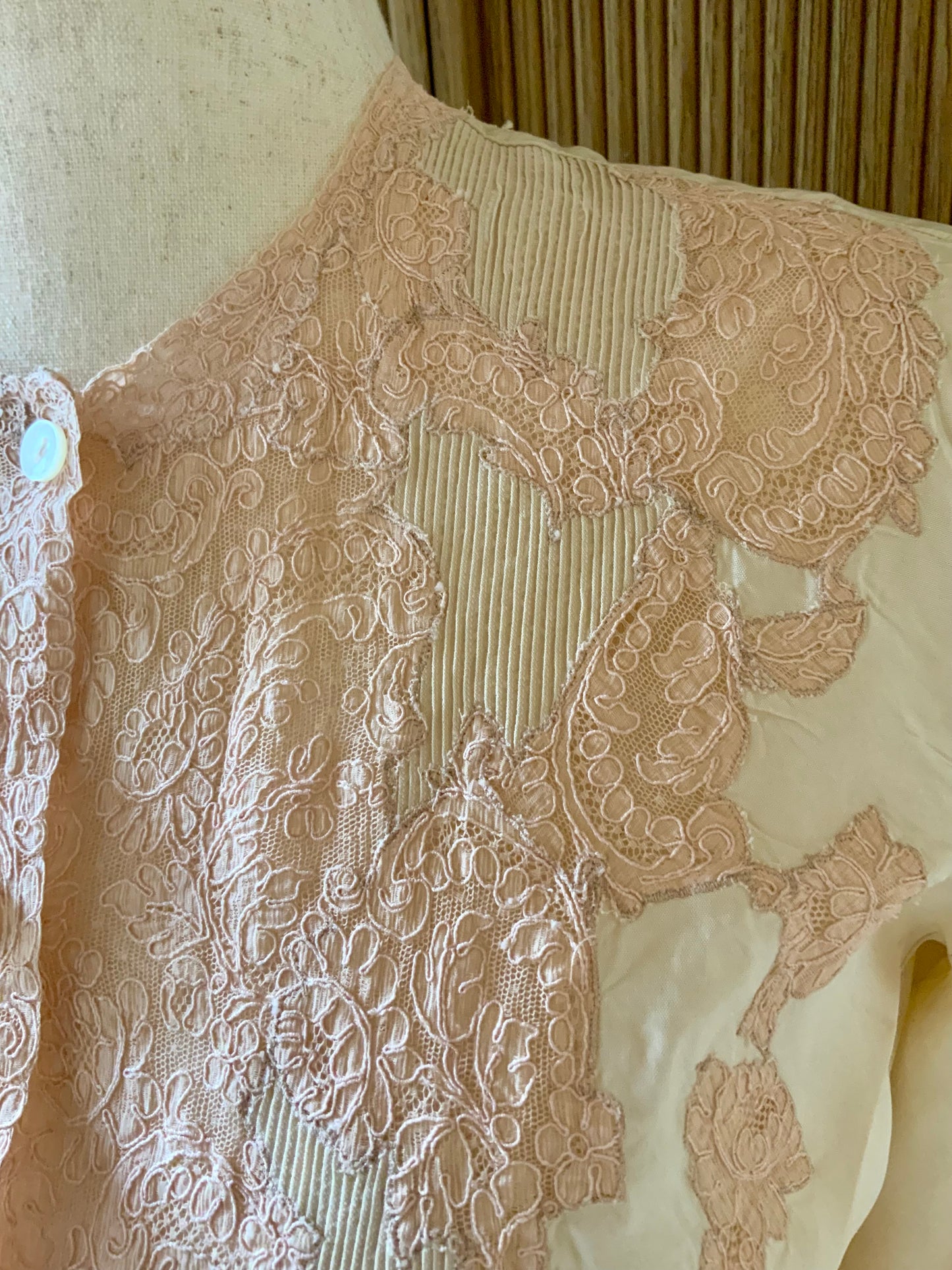 1930s Silk Blouse with Blush Lace Appliqué – Sheer Antique Chiffon Top, Romantic Lingerie Style, Bridal Boudoir Vintage-30BG