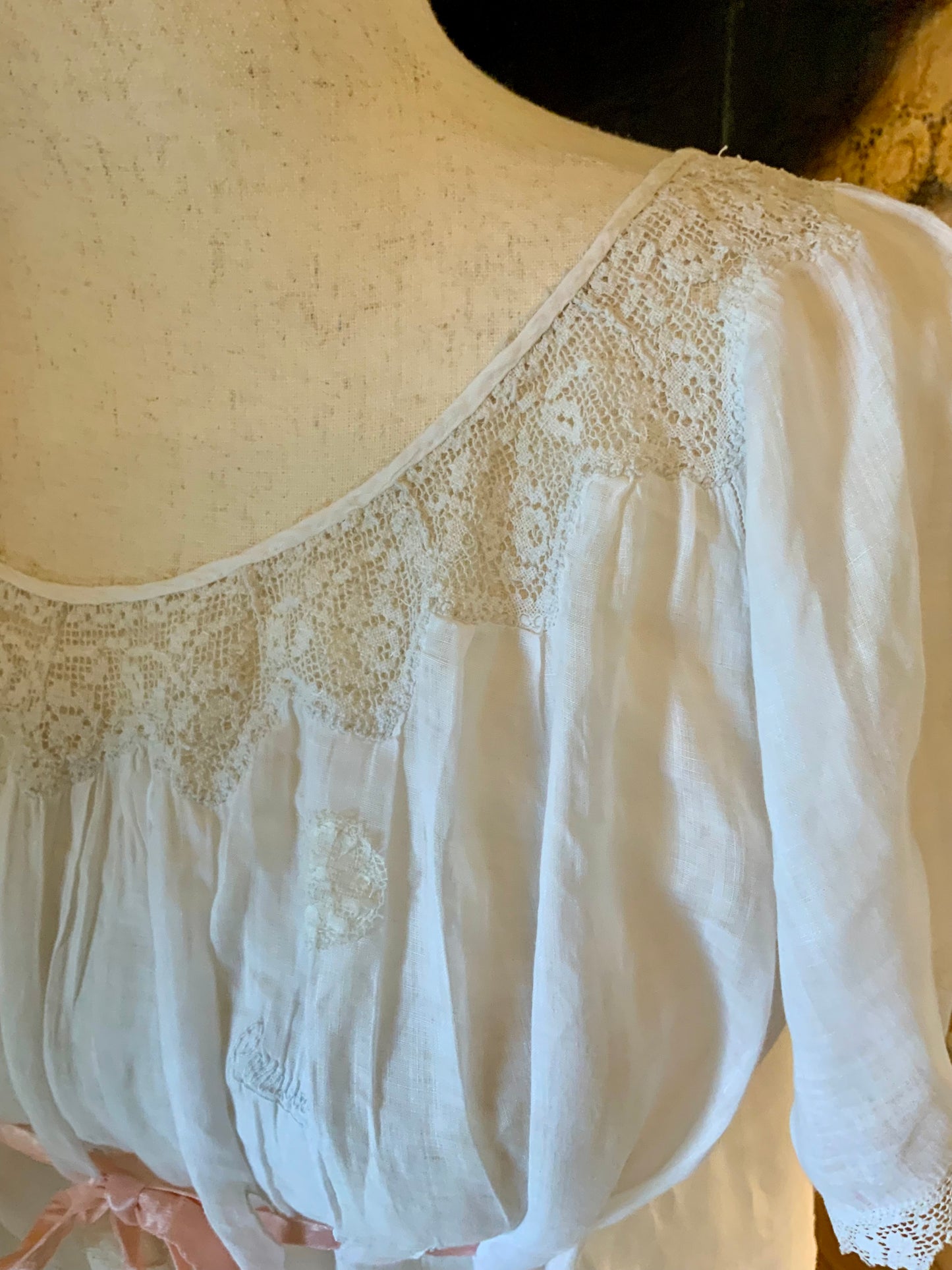 Antique Edwardian Cotton Nightgown “Carmela” Hand Repaired with Filet Lace Appliqués – Restored Heirloom Piece-ED81