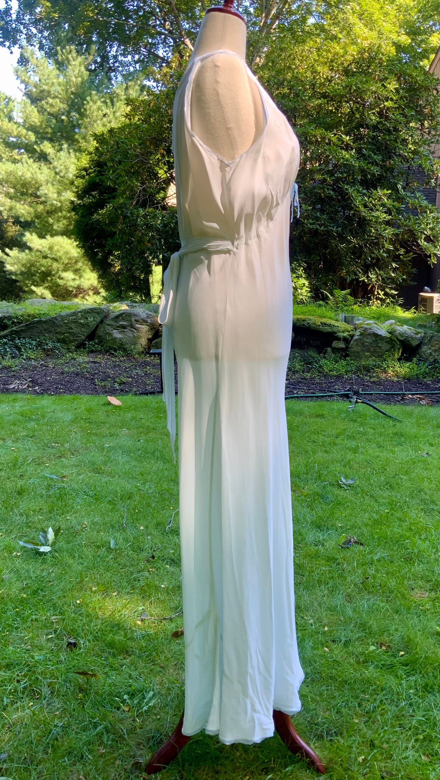 1930s Pale Blue Embroidered Nightgown with Draped Bodice and Velvet Ribbon.30CL