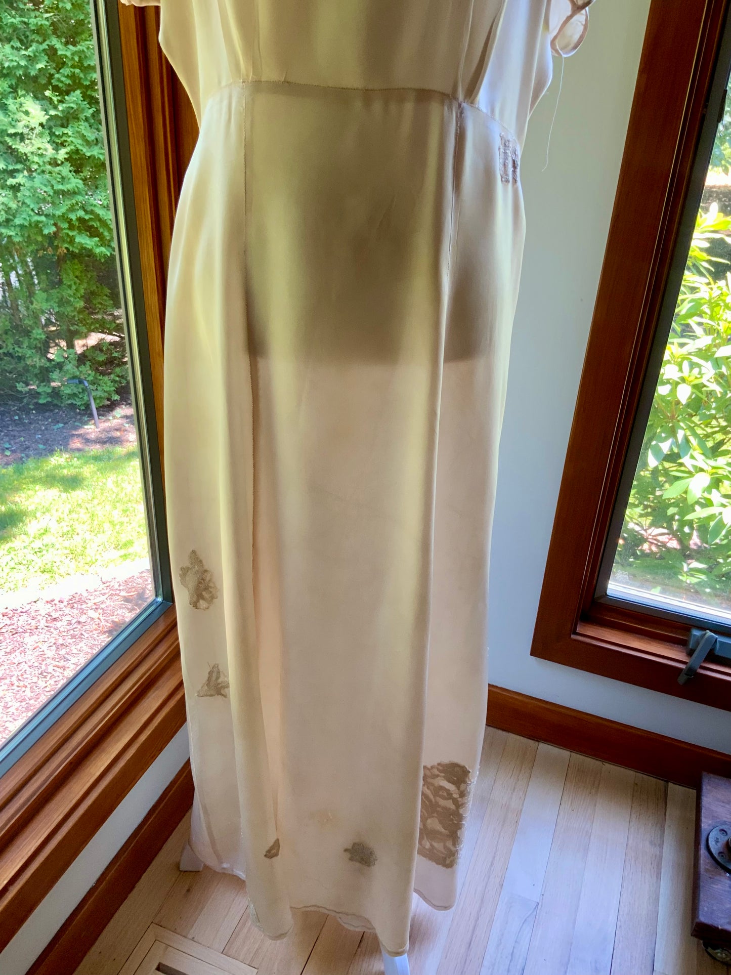 1930s Tea Dyed Silk Gown | Restored Antique Silk Lounge Dress | Lace Appliqué