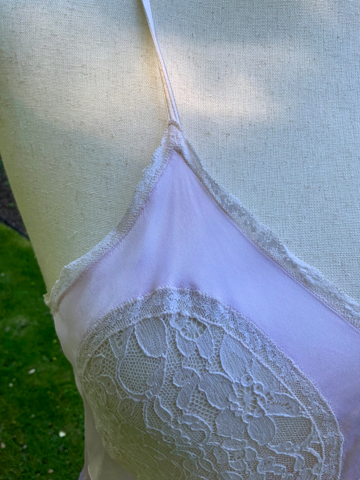 1930s Pink Satin Slip Dress with Lace and Chiffon Ruffle.30CJ