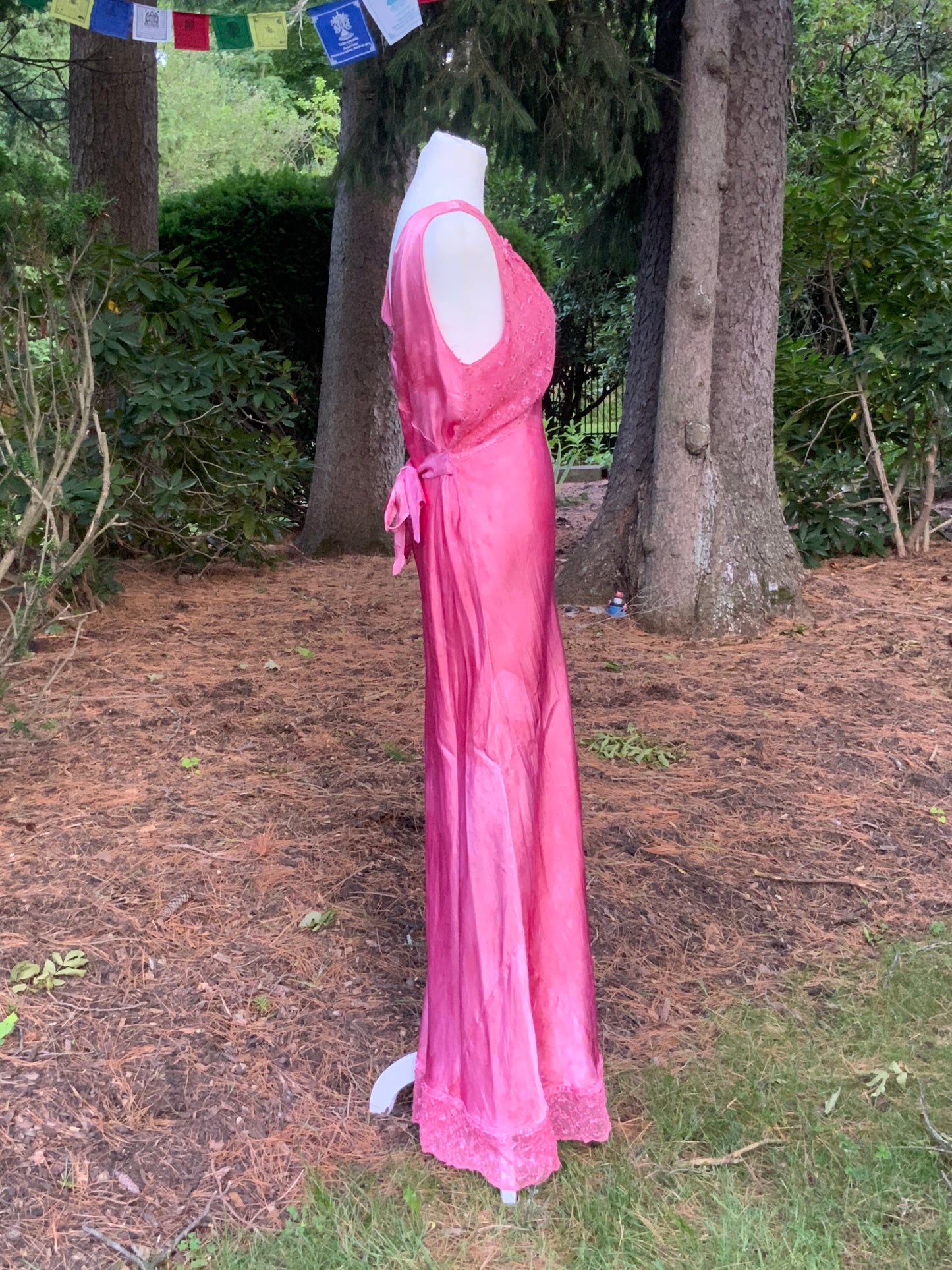1930s Hand Dyed Pink Satin Nightgown | Floral Lace Nightgown | Bias Cut Boudoir Gown | Romantic Lingerie | Old Hollywood Glamour
-30BJ