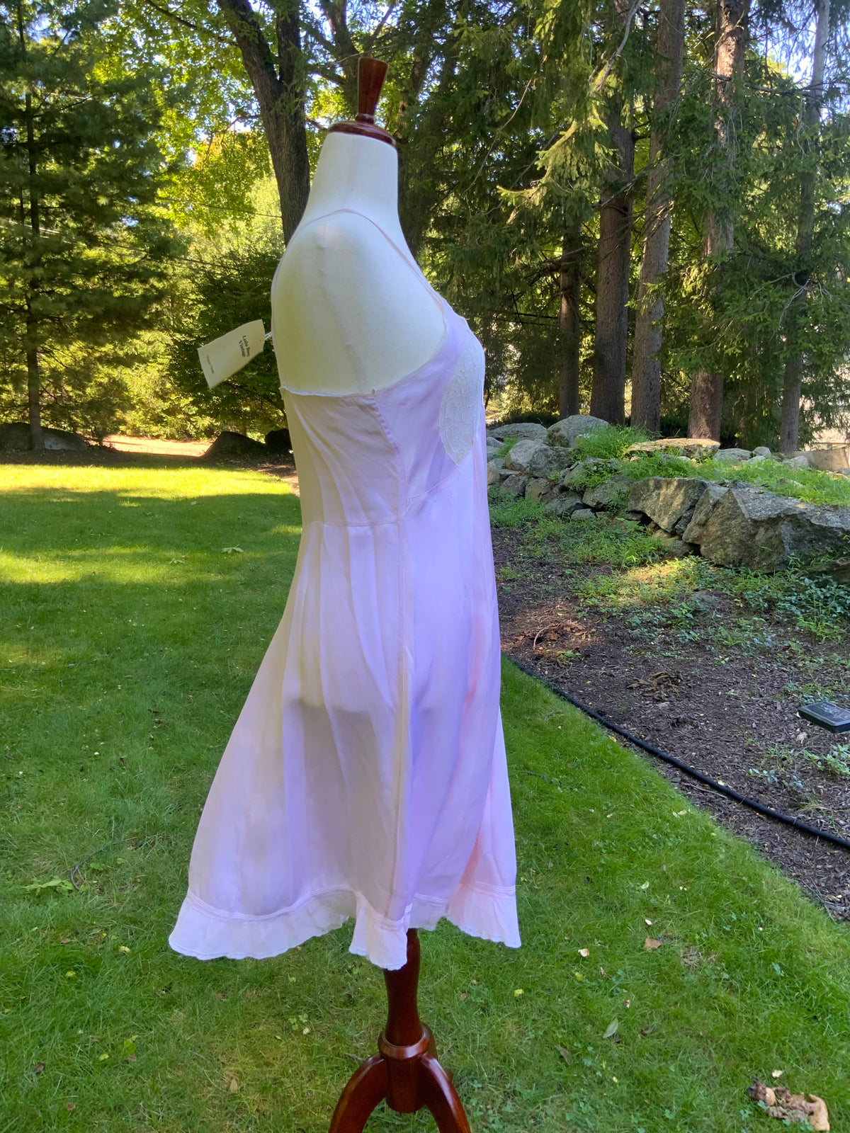 1930s Pink Satin Slip Dress with Lace and Chiffon Ruffle.30CJ