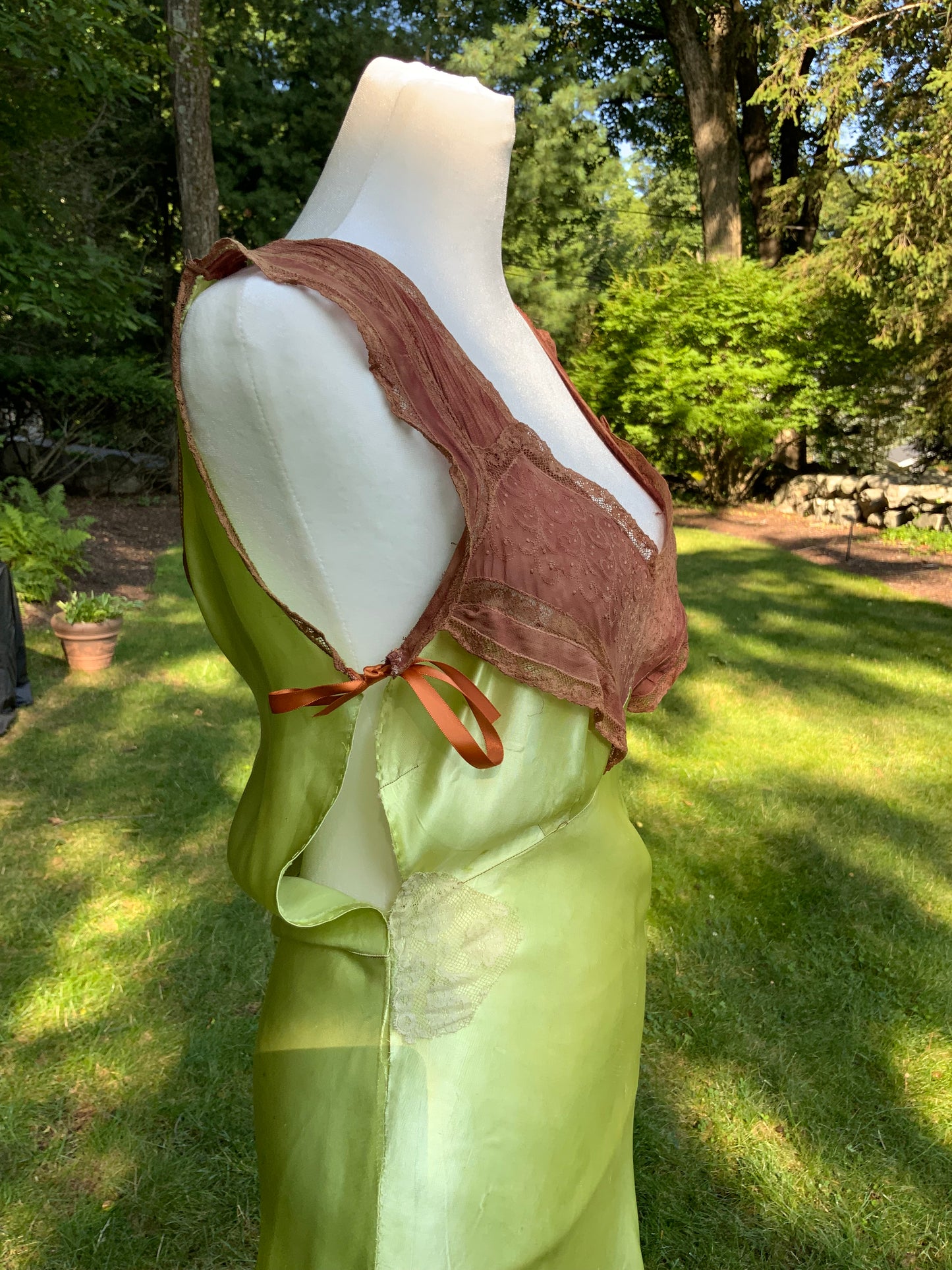 Hand Dyed Antique Silk Slip Dress Chartreuse Green Artist Reimagined 1930s 1940s Silk Nightgown One of a Kind Wearable Art-40C