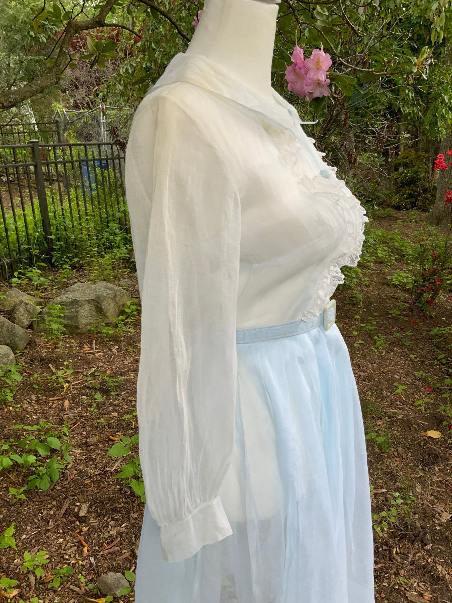 Late 1930s 1940s Sheer Blue Cotton Organdy Dress Romantic Lingerie Style Dress-30CR
