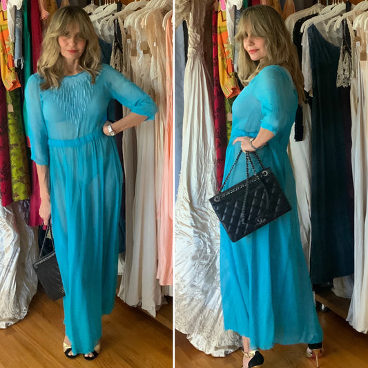 Türkisfarbenes, transparentes Kleid – 30er Jahre