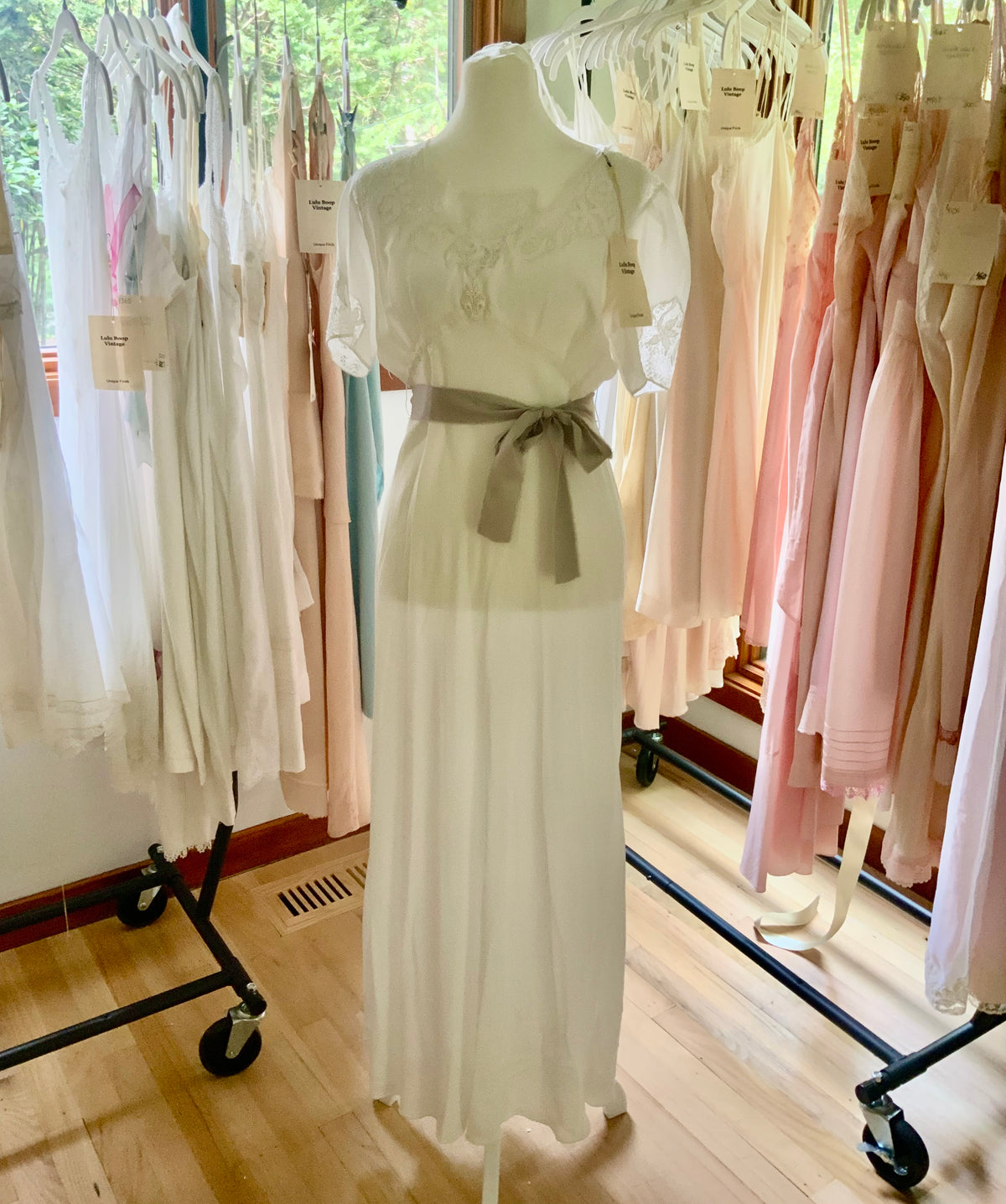 Circa 1930s–1940s White Satin Nightgown with Floral Lace and Ribbon Sash.