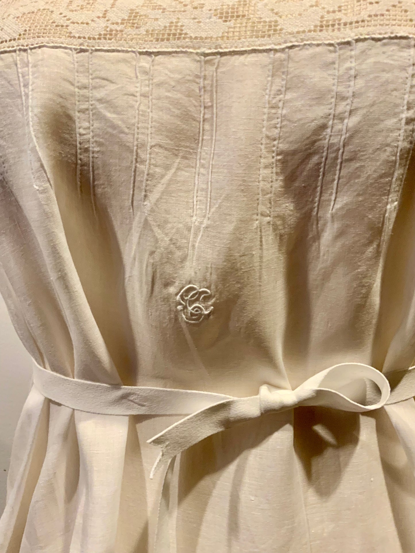 Antique Slip Dress - Filet Lace - Embroidered Initials E C - 1920 - 20C
