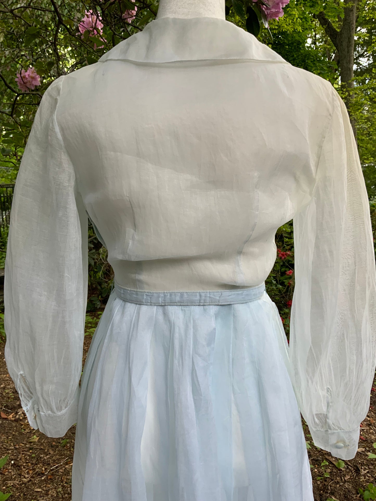 Late 1930s 1940s Sheer Blue Cotton Organdy Dress Romantic Lingerie Style Dress-30CR