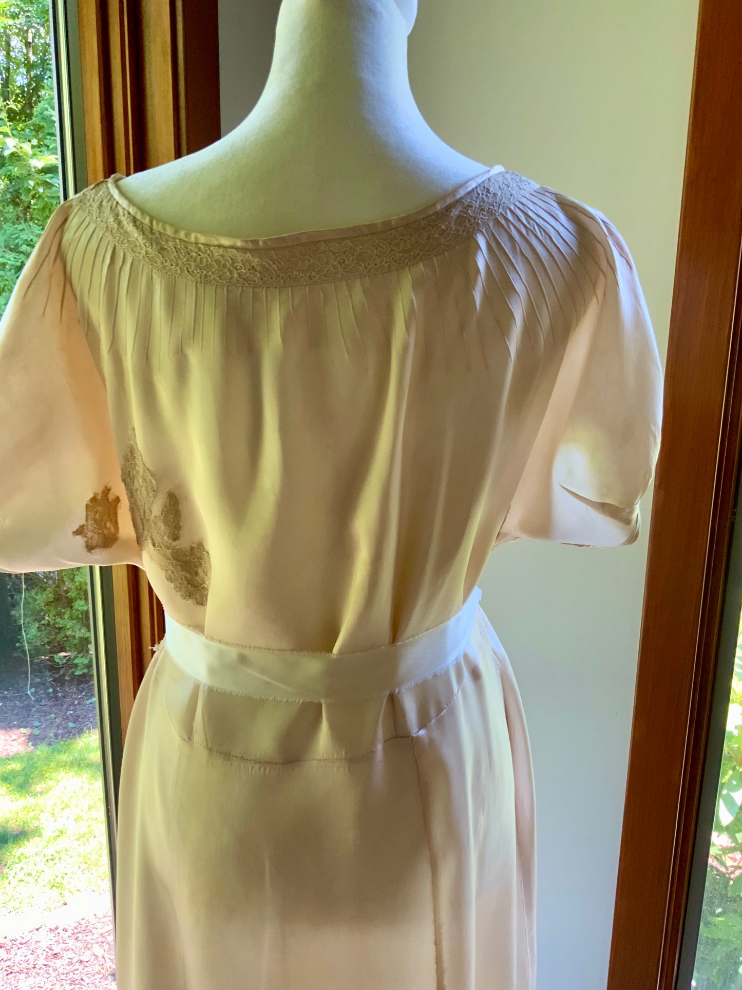1930s Tea Dyed Silk Gown | Restored Antique Silk Lounge Dress | Lace Appliqué