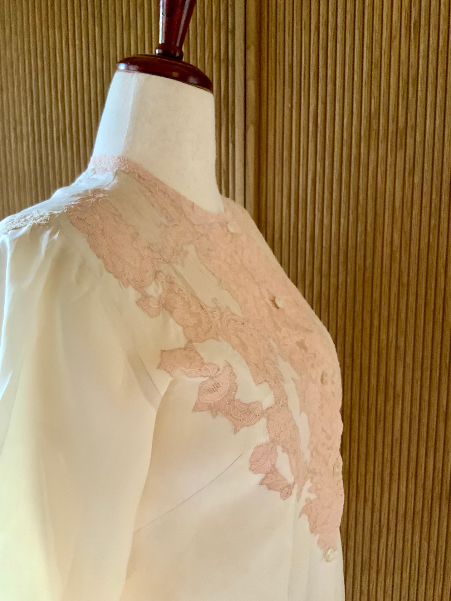 1930s Silk Blouse with Blush Lace Appliqué – Sheer Antique Chiffon Top, Romantic Lingerie Style, Bridal Boudoir Vintage-30BG