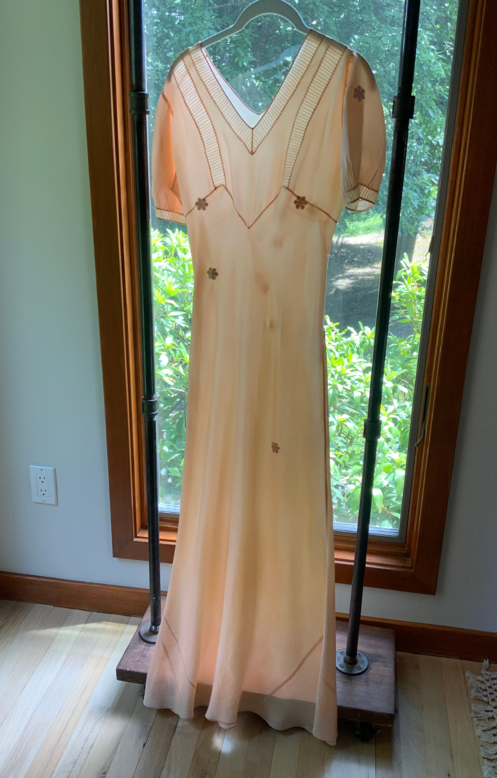 Rare Late 1930s Peach Silk Evening Gown. Pleated Bodice. Bias Cut. Restored Floral Details.30CY