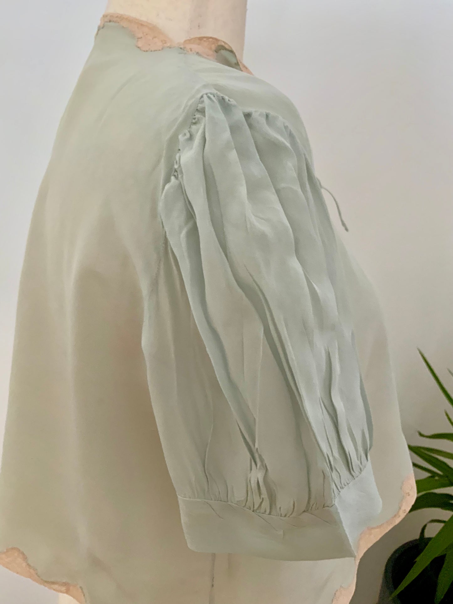 1930s Seafoam Silk Chiffon Bed Jacket with Blush Lace | Antique Boudoir Blouse-30BC