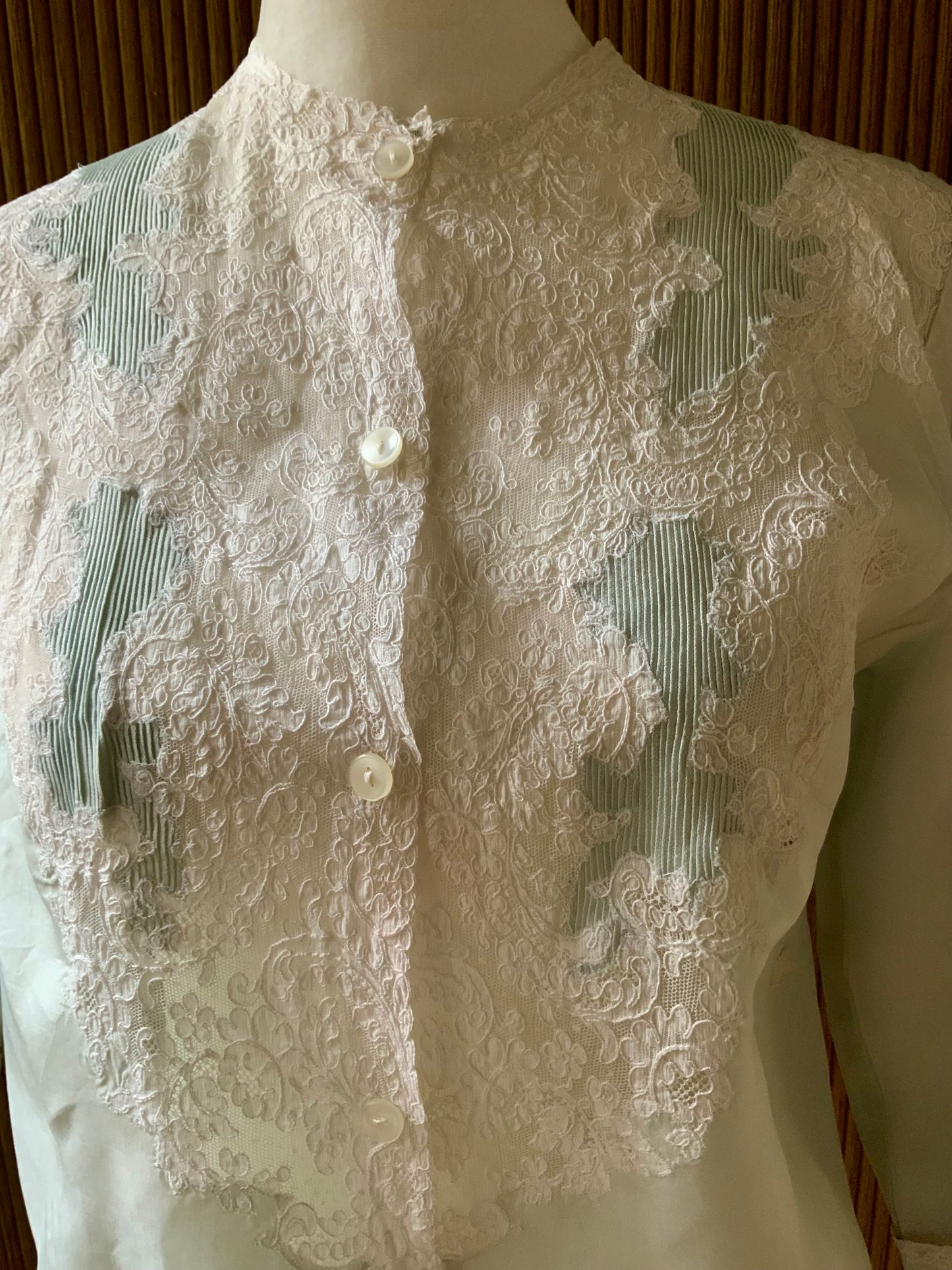 1940s Silk Satin Blouse with Lace Appliqué | Mint Green | Edwardian Revival-40AT