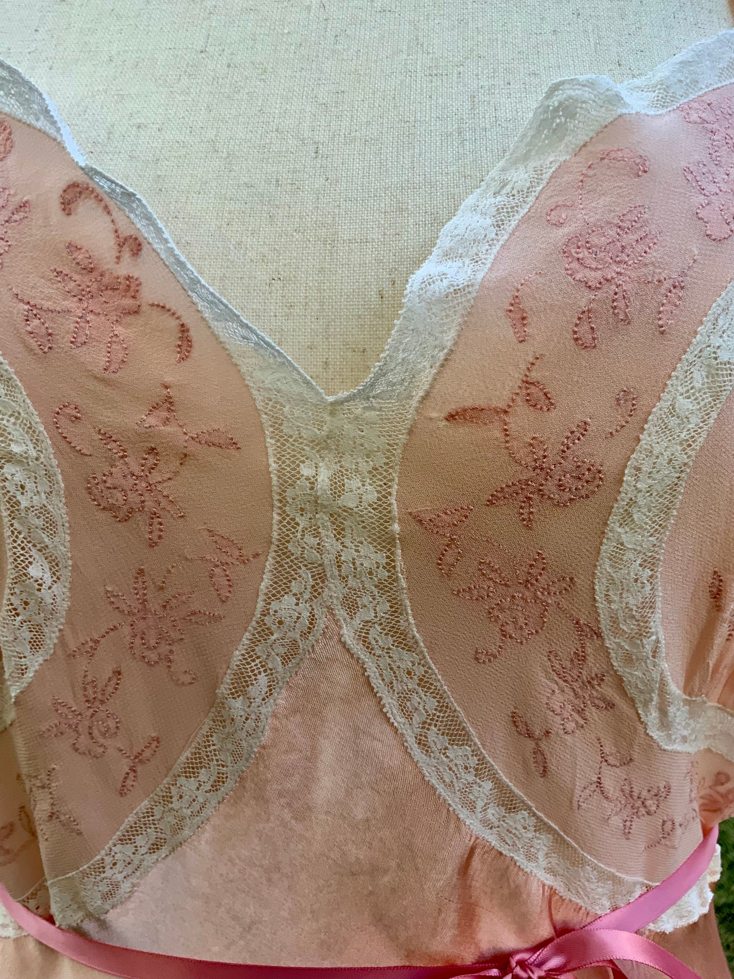 1930s Blush Satin & Chiffon Slip Dress – Floral Embroidery & Lace Panels - 30BA