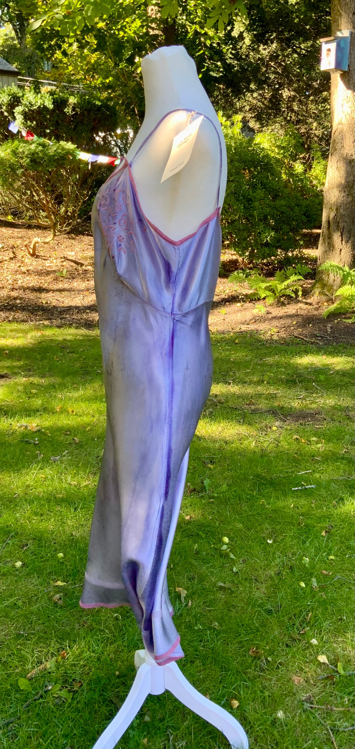 1930s/40s  Hand-Dyed Lilac Satin Slip Dress with Floral Embroidery.40BV