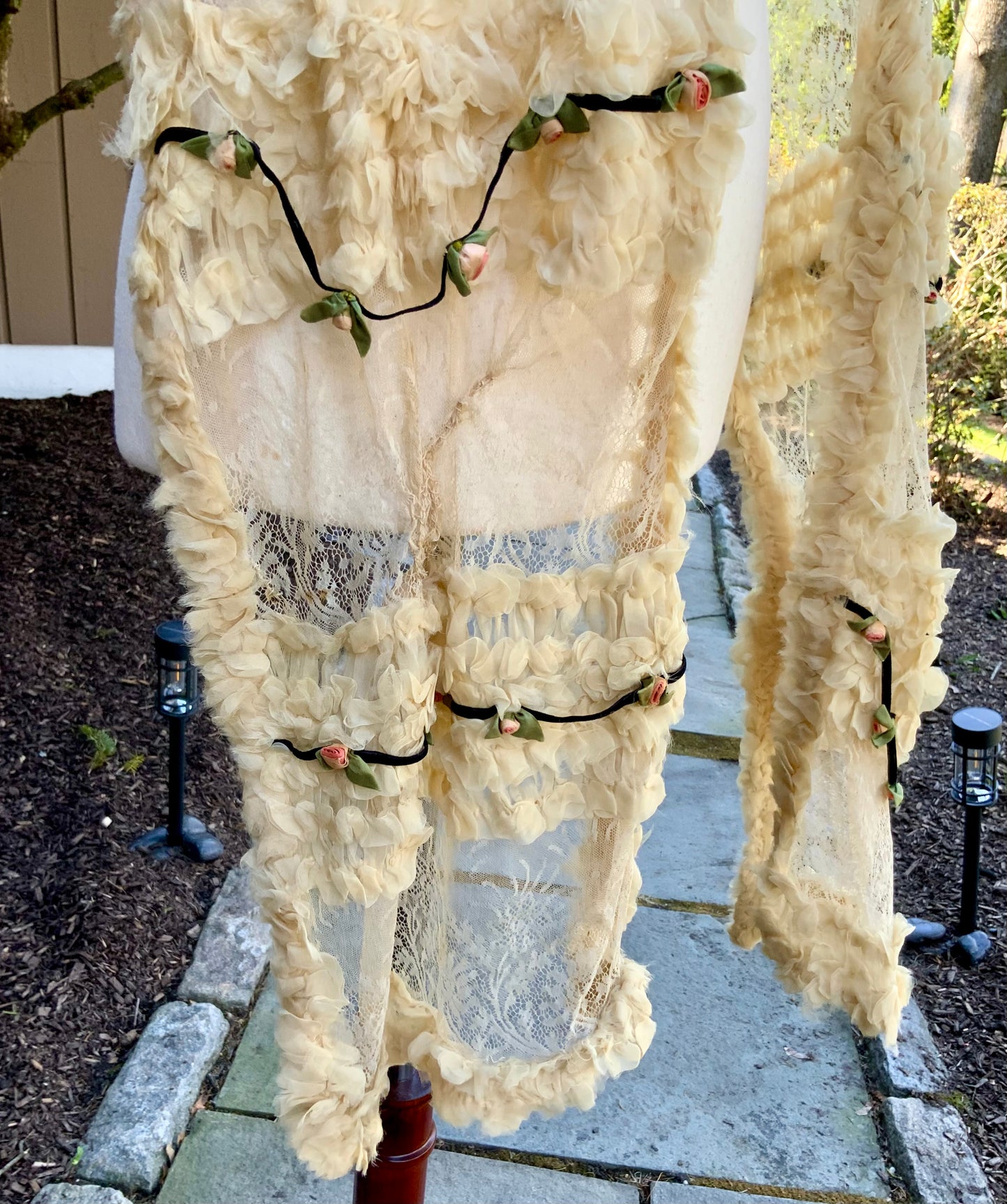 Rare Antique Edwardian Lace & Chiffon Ruffle Scarf Shawl w/ Ribbon Rosettes – Iconic -VI1734j