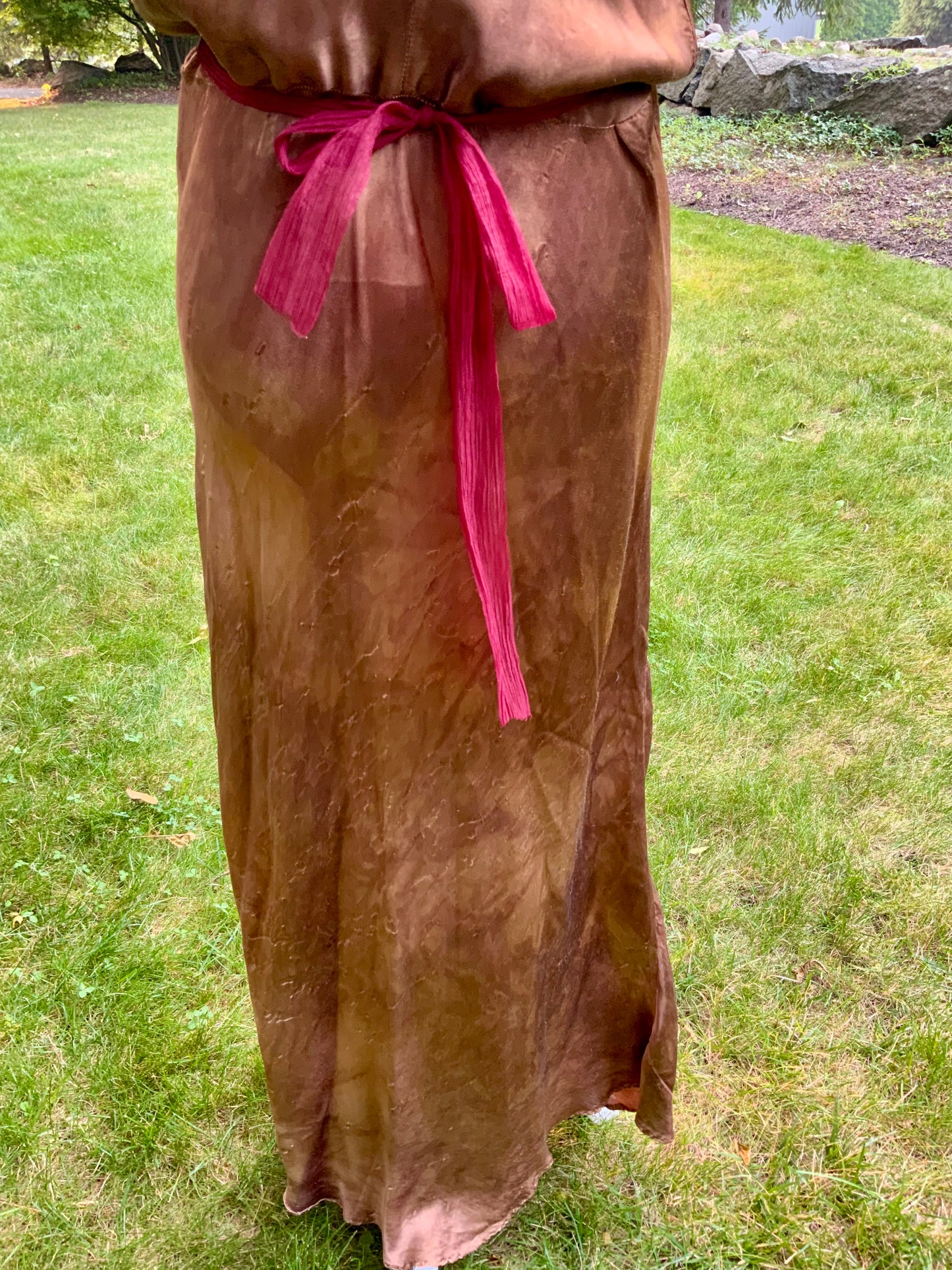 1930s Hand Dyed Silk Slip Dress Chocolate Brown Bias Cut Art Deco Embroidered Bodice OOAK
-40BK