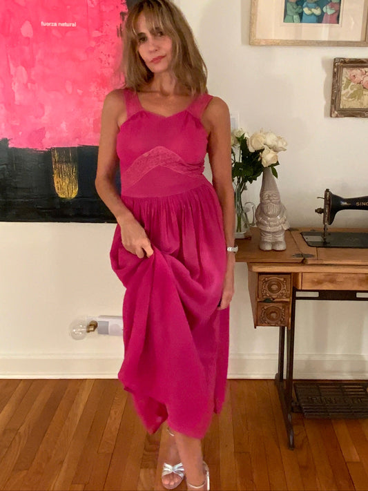 Vintage 1970s Sheer Chiffon Boudoir Gown Hand Dyed Fuchsia Lace Empire Waist XS Lingerie Dress - 70D