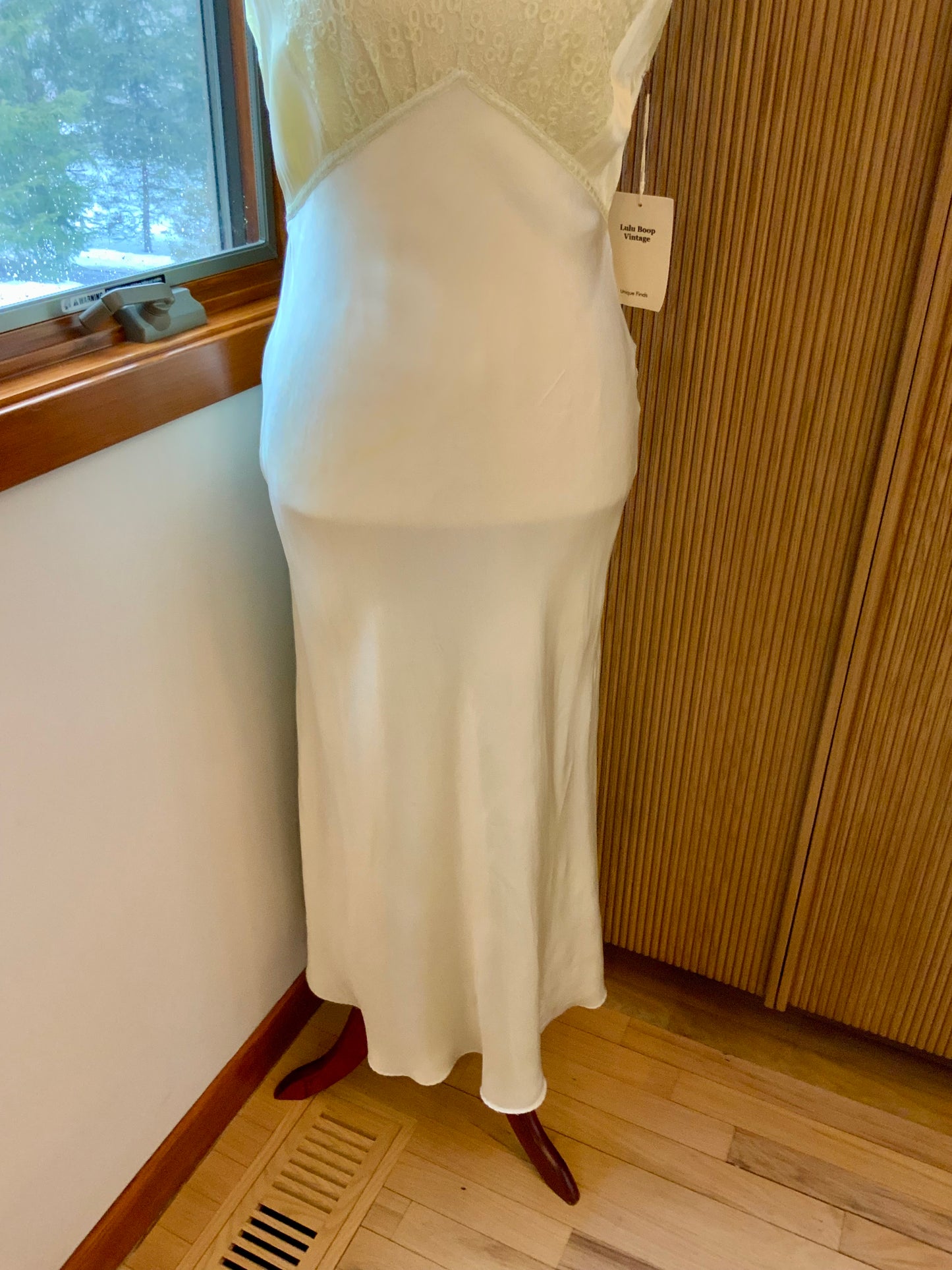 1970s Hand Dyed Bias Cut Satin Gown | 1940s Inspired Lace Bodice Maxi Dress | Pale Celadon Vintage Slip Dress- 40V