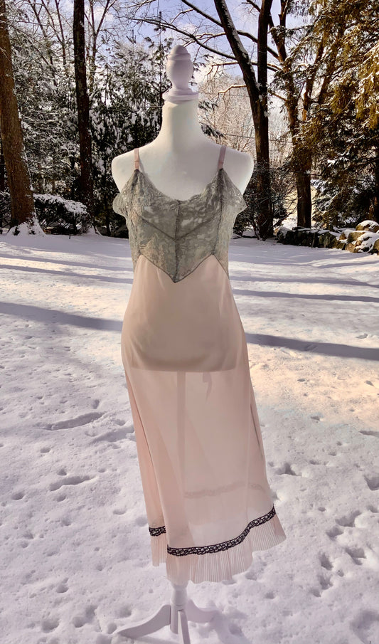 Late 1930s Myra Joy Nylon Slip Dress with Sage Lace Bodice | Art Deco Lingerie Gown-30BB