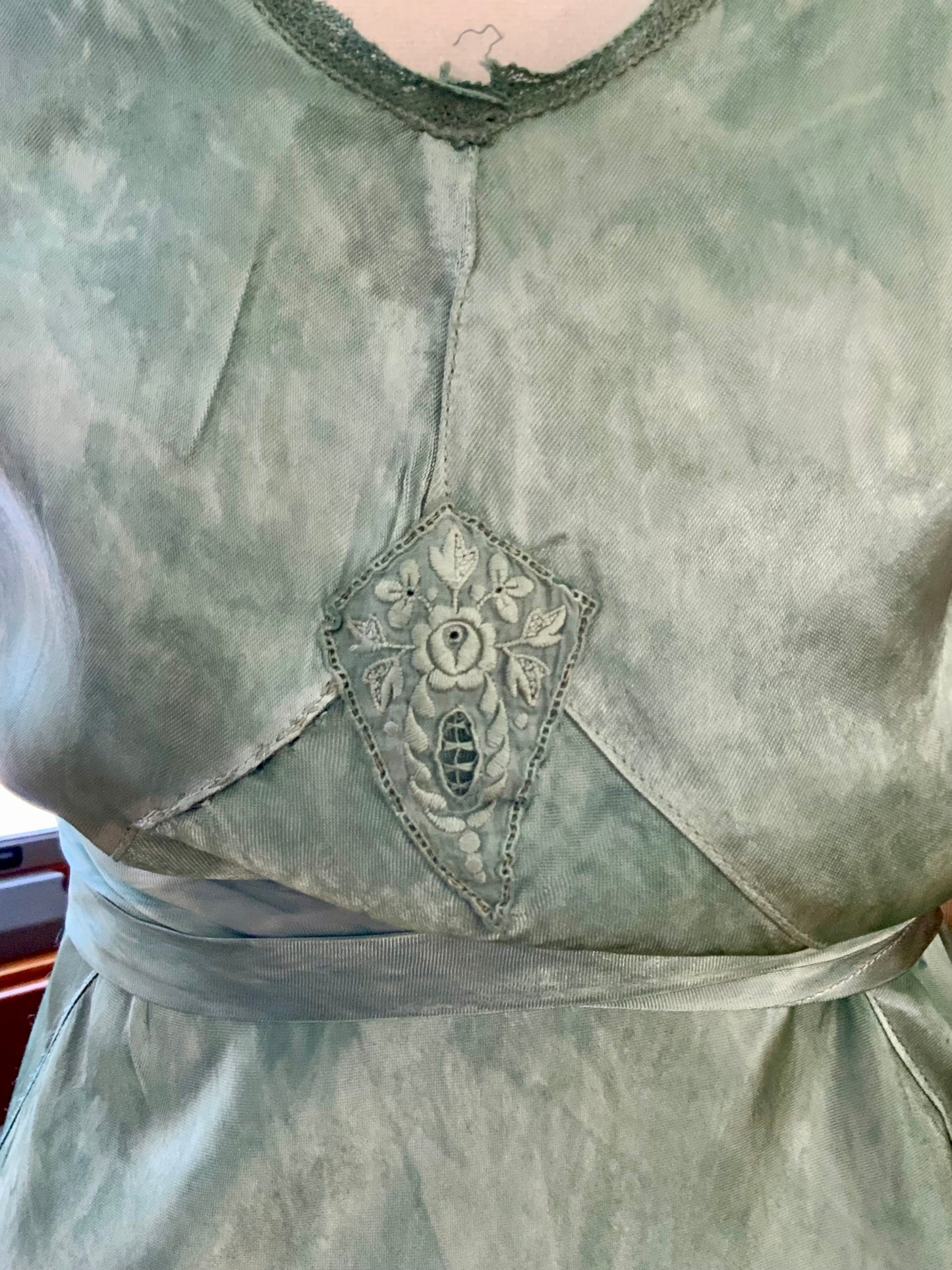 Hand Dyed Antique Satin & Chiffon Nightgown | Restored Vintage Lingerie Dress | 1930s Bias Cut Green Silk Satin Slip
- 40AD