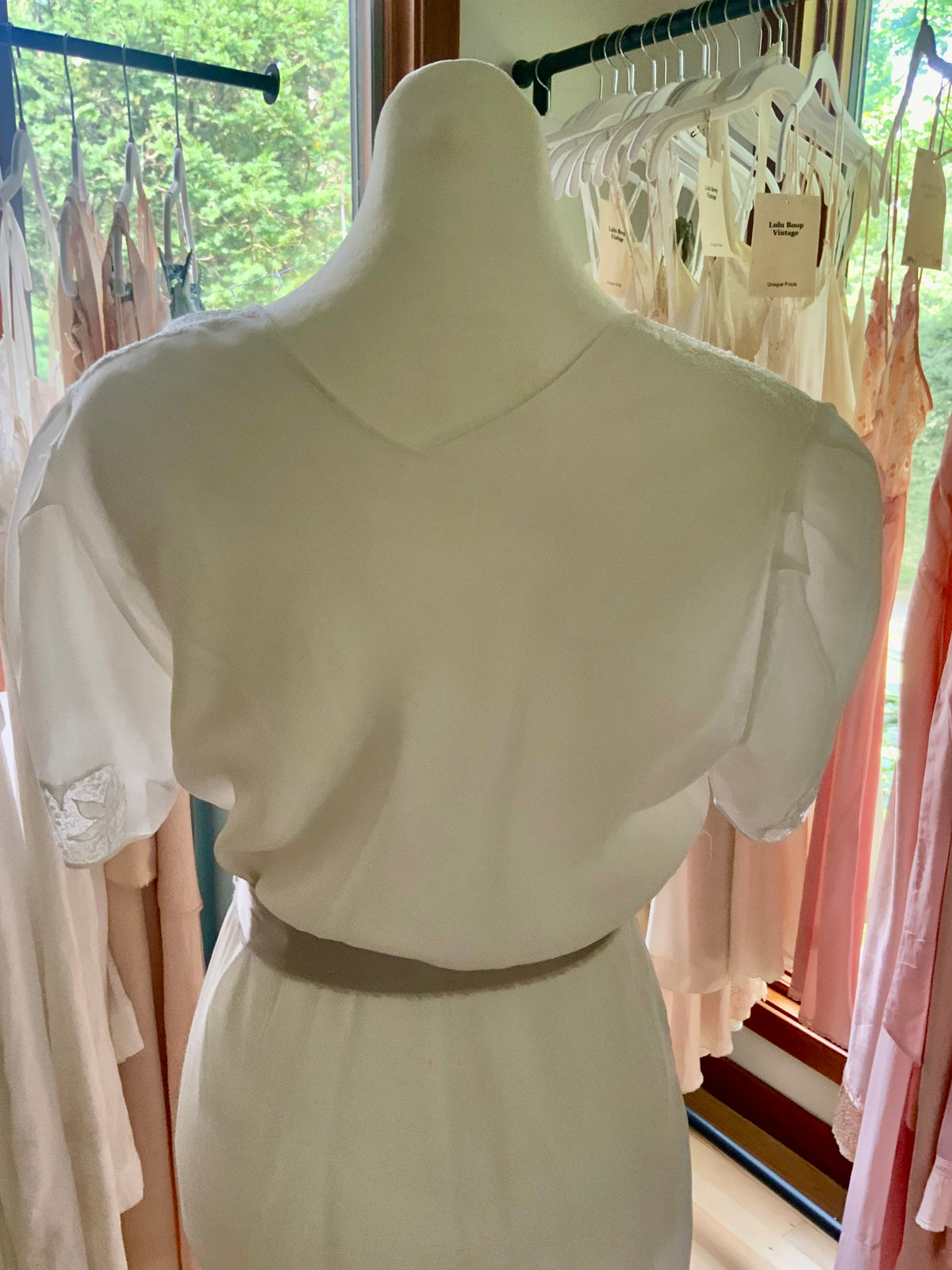 Circa 1930s–1940s White Satin Nightgown with Floral Lace and Ribbon Sash.
