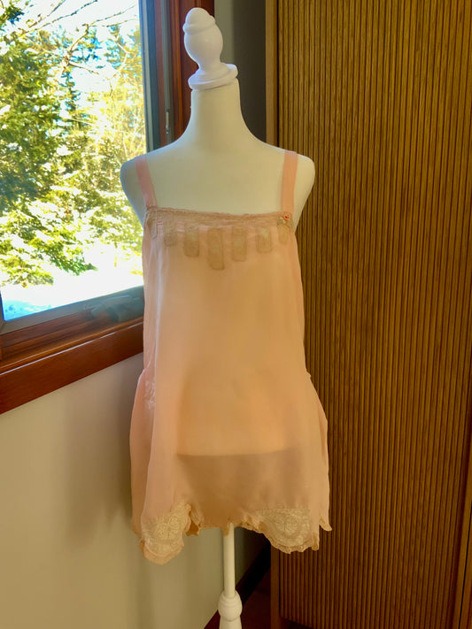 1920s–30s Blush Silk Teddy (Camiknicker) — Pure Silk Boudoir One-Piece with Lace Appliqué-20AL
