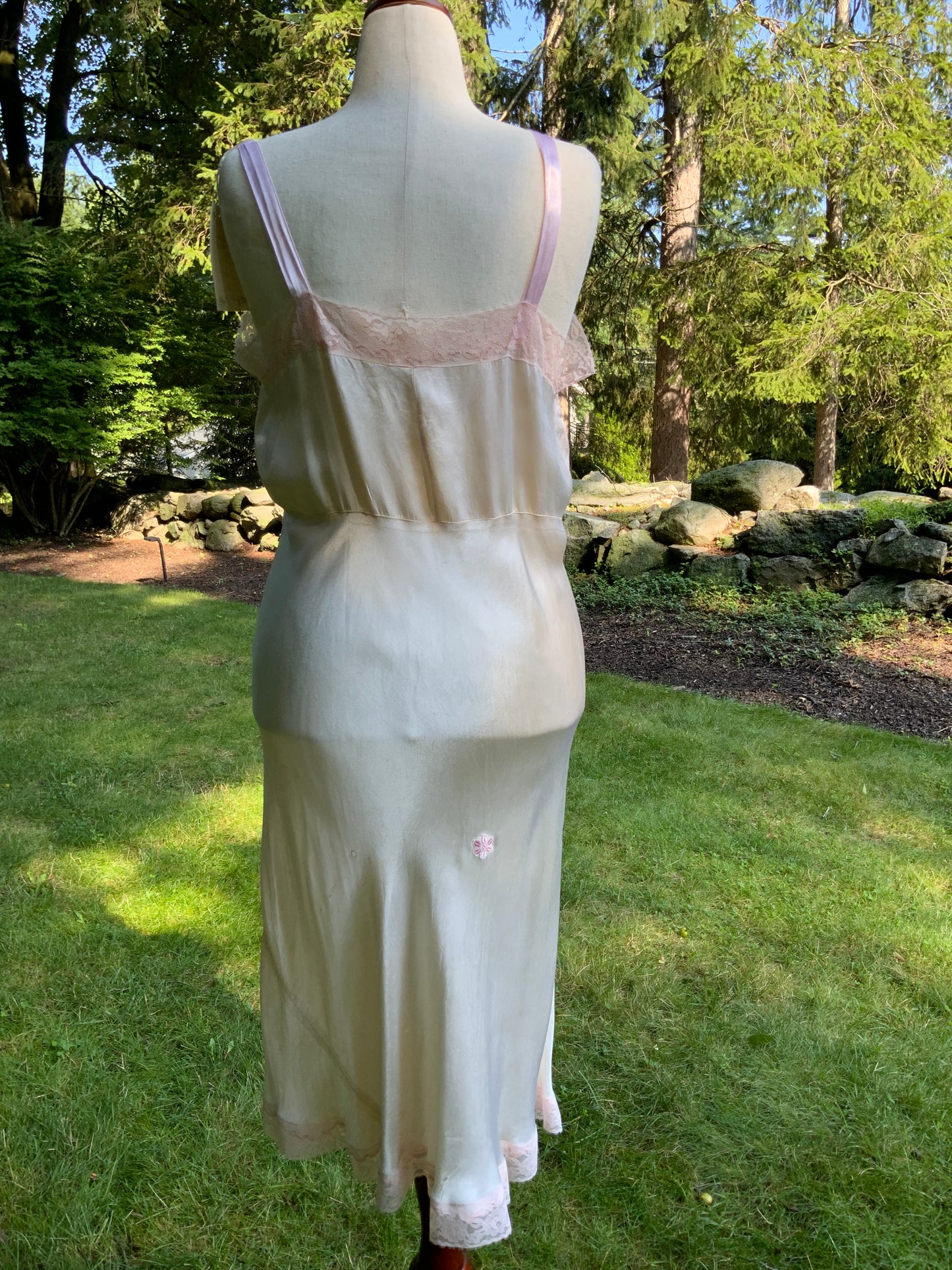 1940s Pink Embroidered Satin Slip Dress. Ivory Lace Lingerie. Romantic Boudoir Gown.40CA