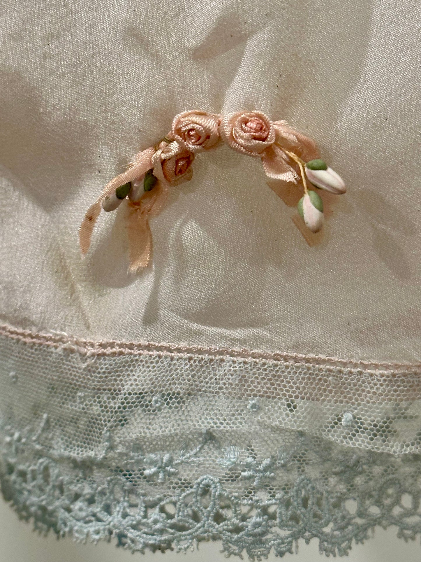1920s–30s Pure Silk Teddy in Blush Pink with Powder-Blue Lace & Rare Antique Appliqués – Bridal Lingerie - 20AQ