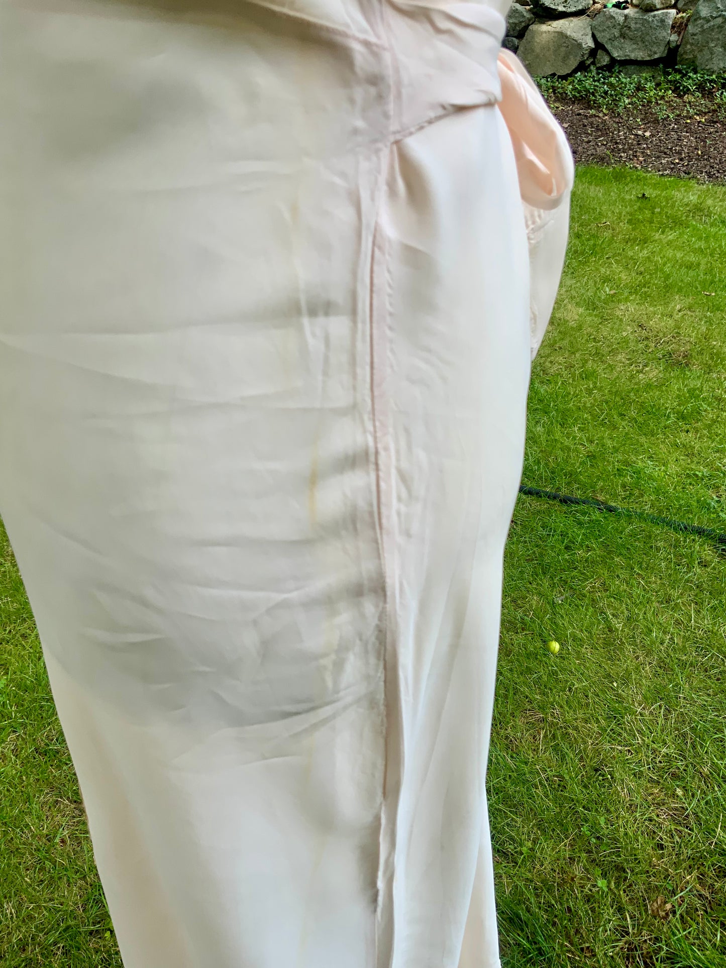 1930s Pale Peach Bias Cut Nightgown. Lace and Ribbonwork Boudoir Gown. Cap Sleeve Satin Lingerie.30CS