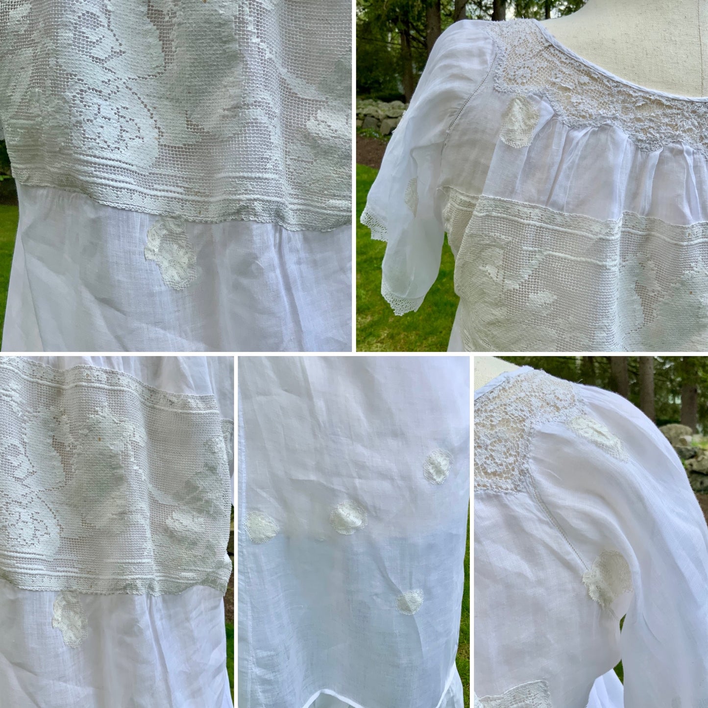 Antique Edwardian Cotton Nightgown “Carmela” Hand Repaired with Filet Lace Appliqués – Restored Heirloom Piece-ED81