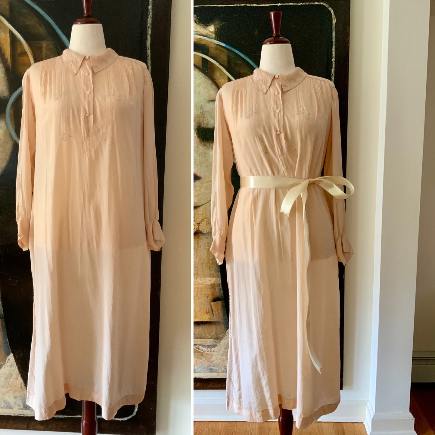 Long Sleeve Silk Nightgown Embroidered - 20s