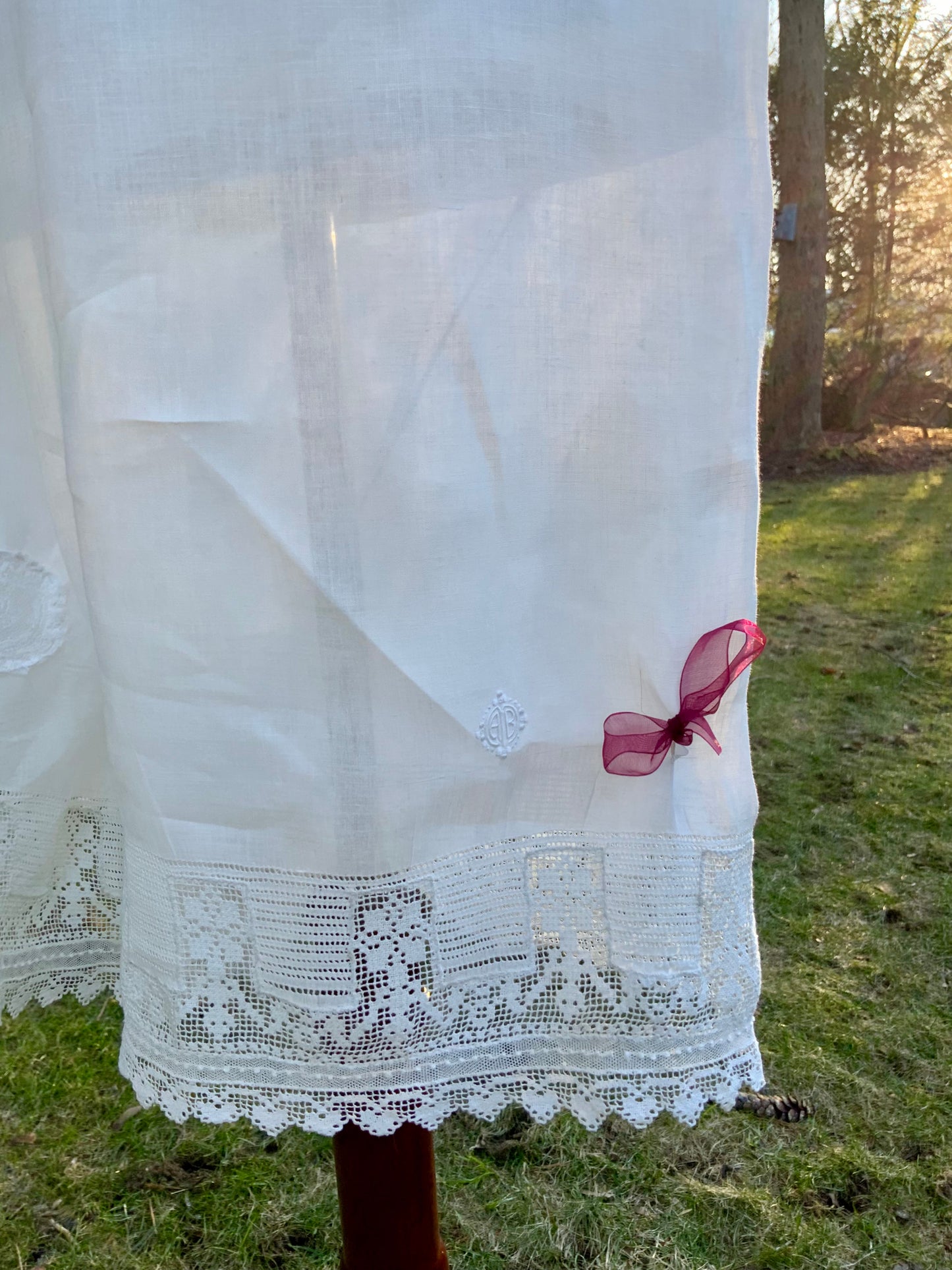 Antique Edwardian Cotton Bloomers c.1905–1915 | Filet Lace Ribbon Hem | Hand Monogram “AB” | Split Drawers Lingerie-ED69